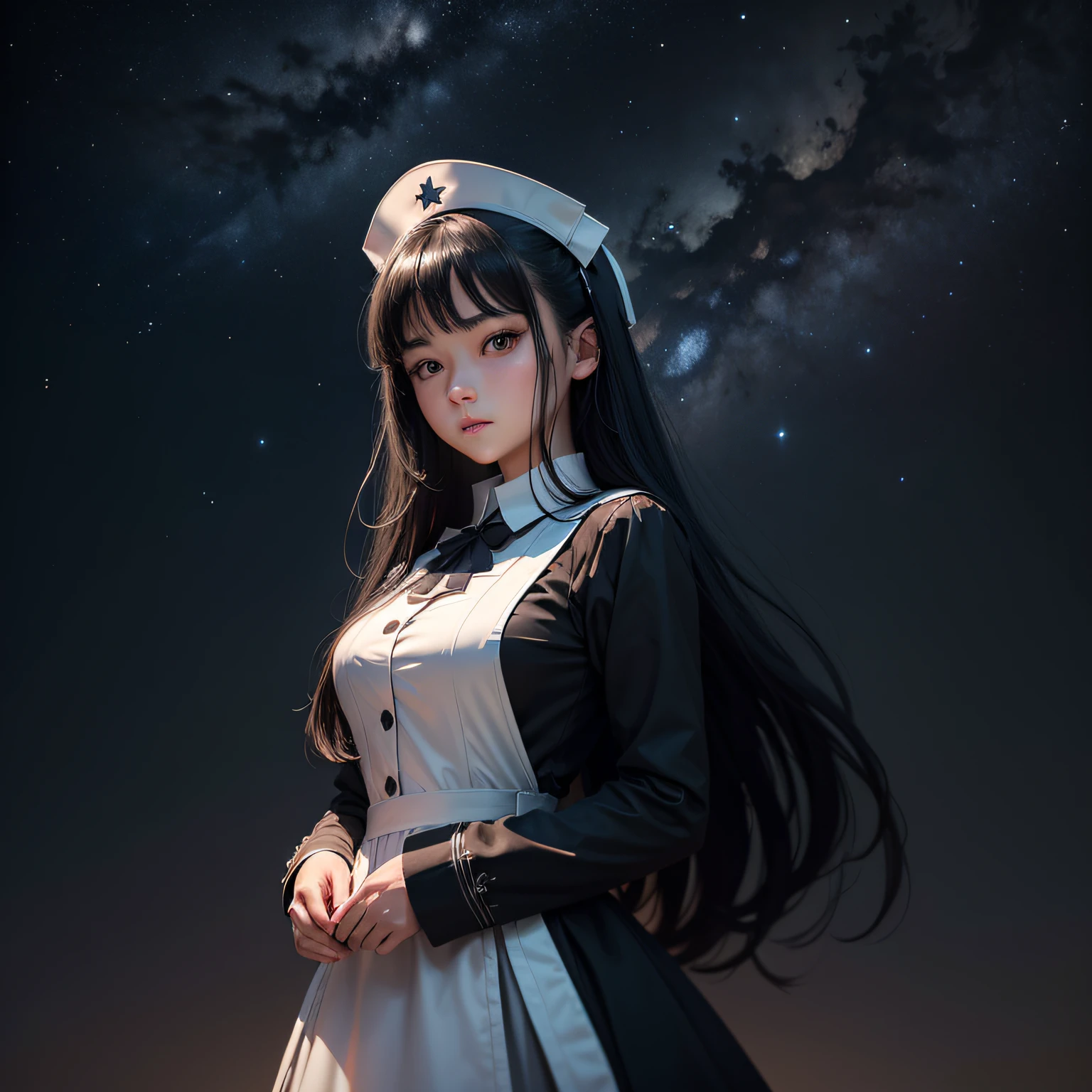 A high resolution、8K分辨率、perfect images、Close-up image、in a panoramic view、Perfectcomposition、Under cinematic lighting,starryskybackground,A single female character,Face perfect,Long black hair、Dressed in a nurse-style Lolita costume,Standing posture,Look at the viewer --auto