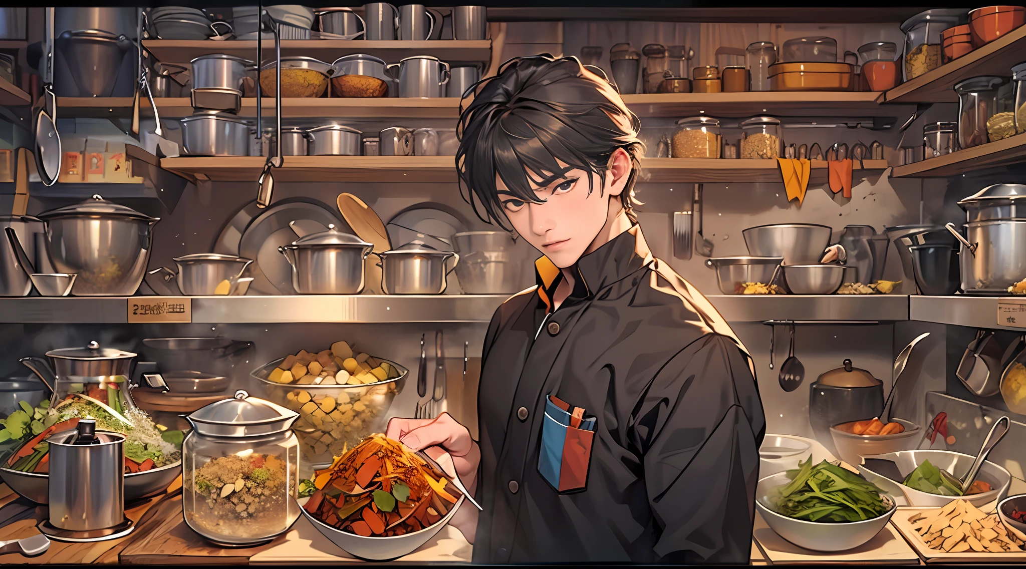 A tall, handsome man stands in the kitchen,His nose smelled a rich fresh fragrance。Surrounded by a kitchen full of various ingredients,Various spices and ingredients are neatly arranged ,32k uhd, best quality, masterpiece, super detail, high details