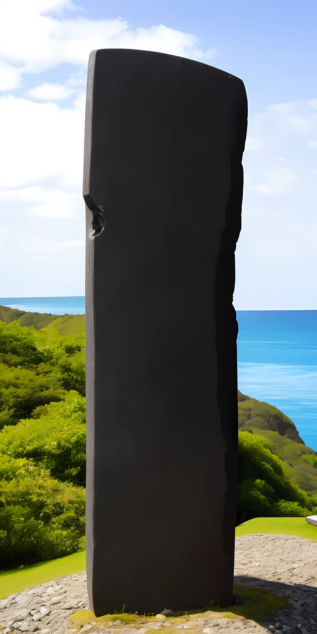 A black stone tablet standing on the island
