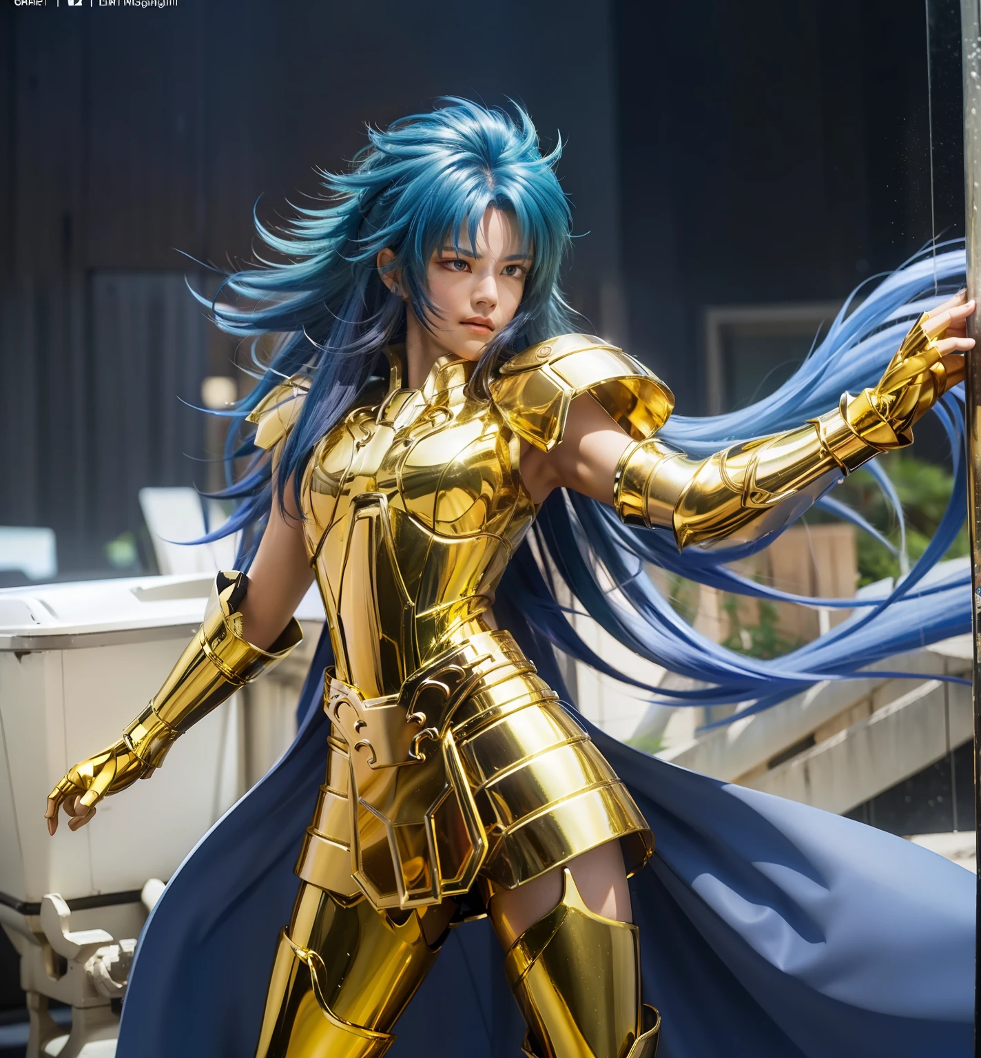 Ultra-high saturation（tmasterpiece）， fully body photo，（best qualtiy）， （1girll），super wide shot， sface focus，  Wearing shiny gold armor， Sexy lingerie type armor，Expose your chest，Expose the waistline，Exposing thighs，cool-pose， Saint Seiya Armor， messy  hair，high detal, Anime style, Cinematic lighting, The armor is shining gold, god light, Ray traching, filmgrain, hyper HD, textureskin, super detailing, Anatomical correct, A high resolution，Ultra-high saturation，hight contrast，High-gloss armor，Smooth skin，Grim expression，blue hairs