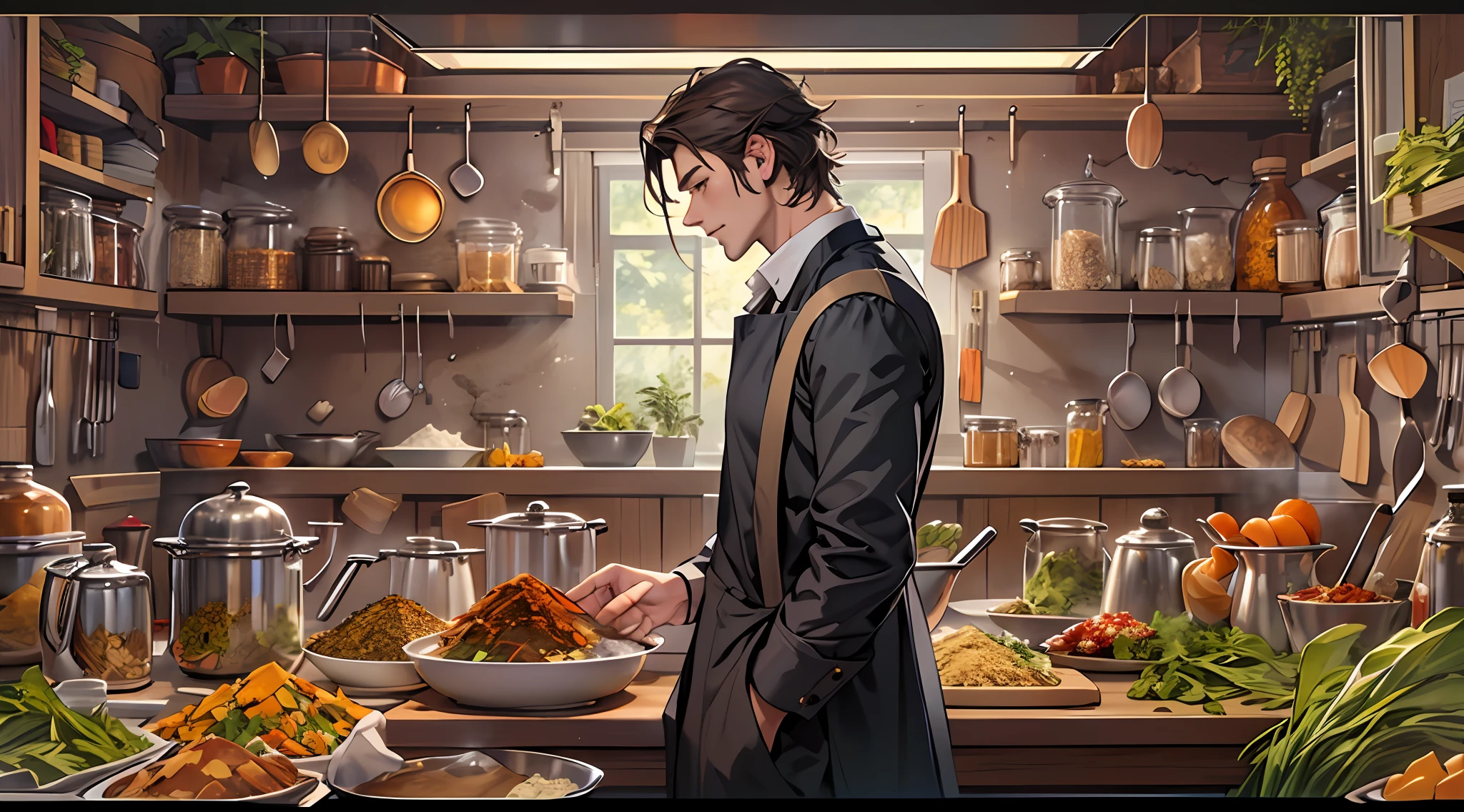A tall, handsome man stands in the kitchen，His nose smelled a rich fresh fragrance。Surrounded by a kitchen full of various ingredients，Various spices and ingredients are neatly arranged ,32k uhd, best quality, masterpiece, super detail, high details