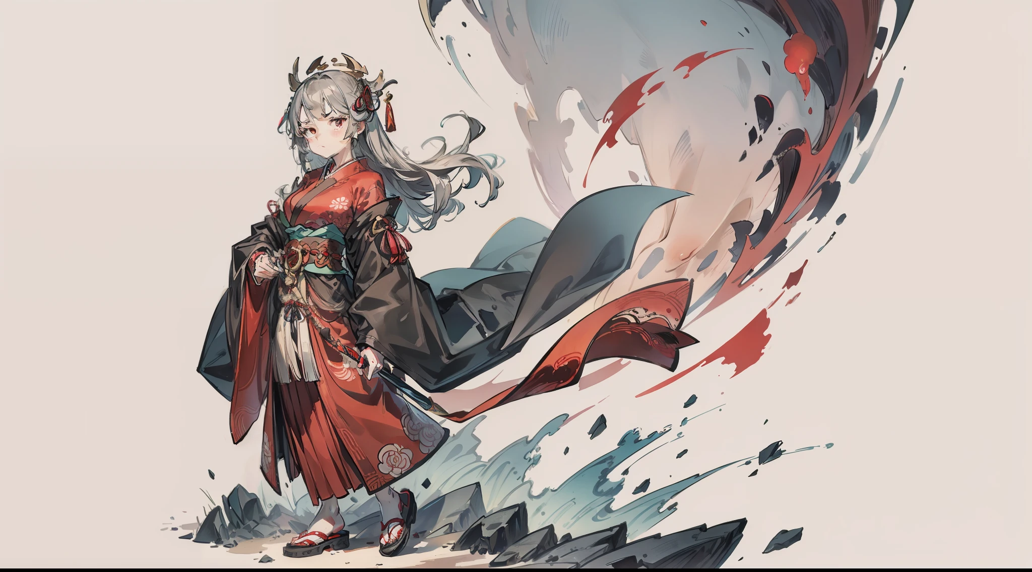 masuter piece、top-quality、8K、very detailed illustration、oiran、Dracula's daughter、Gray hair、Long straight hair、Fair skin、deadpan、Full body、clothing、simple background