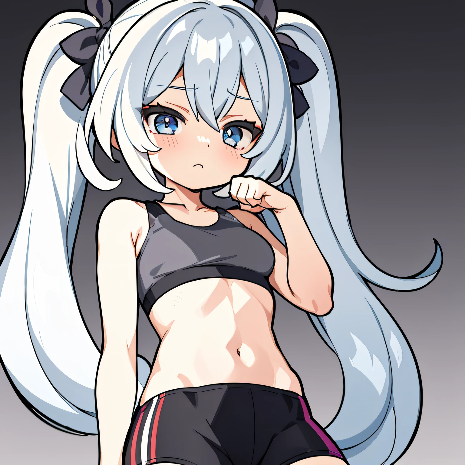 masterpiece, 1girl in, 独奏, Shy face、grayscales、monochromes、half tone、Manga、dynamicposes、Sportsbra、a blond、Twin-tailed、Embarrassing pose、white backgrounid、solidbackground、simple background、high detal