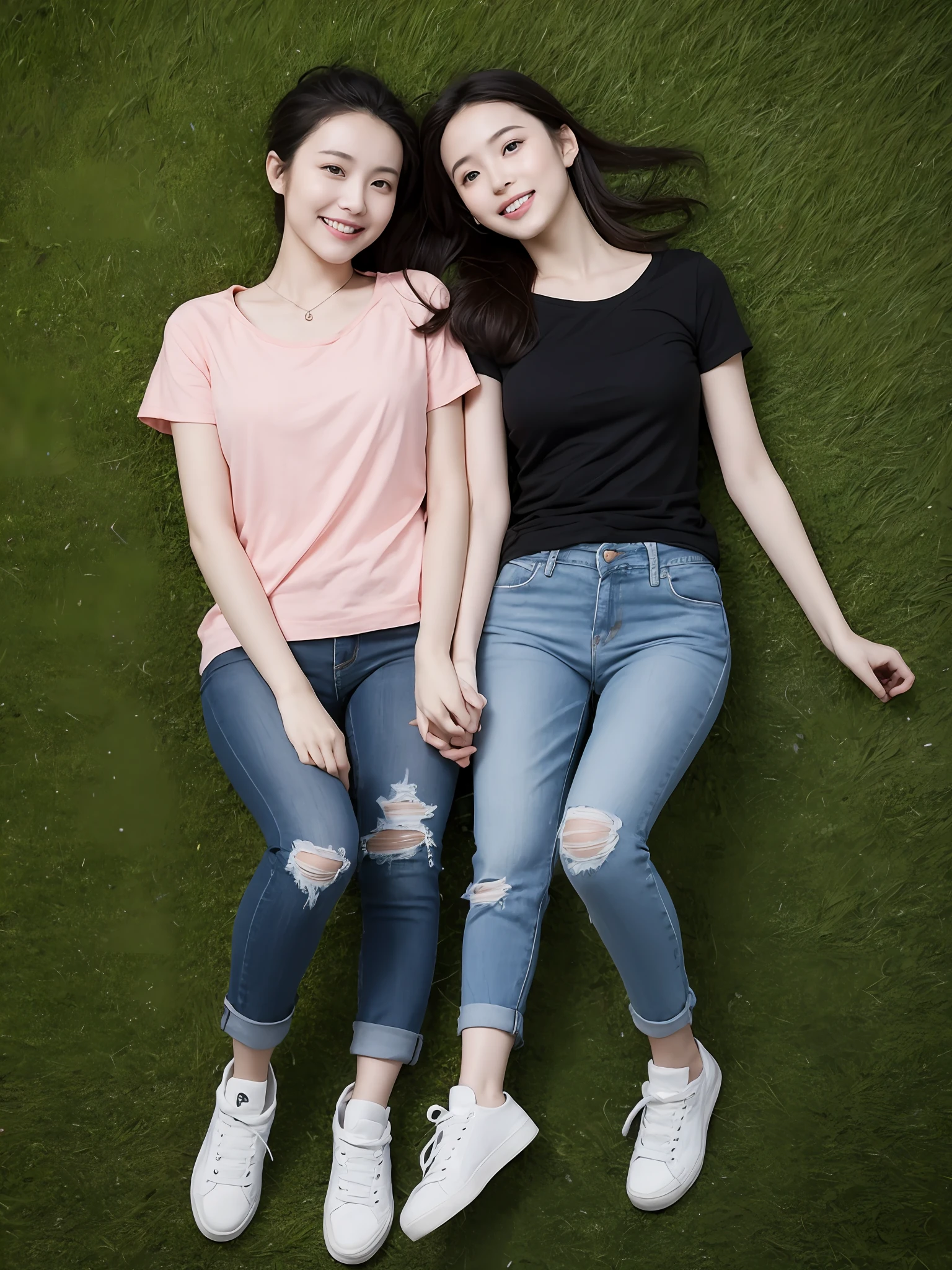 （超高分辨率，RAW photogr，realisticlying，tmasterpiece，best qualtiy：1.4），Complicated details，3个女孩，3 20 year old Korean girl，Wear a loose black T-shirt and skinny jeans，Stand on the grass and take pictures，hugs，Intimate relationships，Detailed meadow，A sweet smile on a small face，Ultra-realistic facial details，The face and skin are pink and white, and luminous，Playful and coquettish pose，The calves are straight and slender:1.2，Wear high-end brand sneakers:1.0，eventide：0.3，Broad lighting，naturalshadow：1.0，超高分辨率，taking a full body photo:1.8 --auto