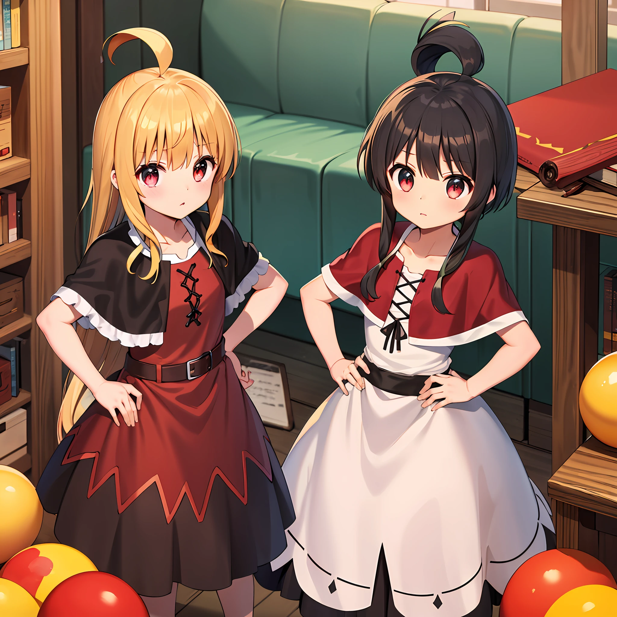 master part, best quality, Alto, HMBK1, 1girl_Megumin_Konosuba, cabelos curtos, olhos cor-vermelho, Capelet vermelho, fita, luvas brancas, vestido rosa, Frescuras, ao ar livre, Cidade, hand on hip, Standing,