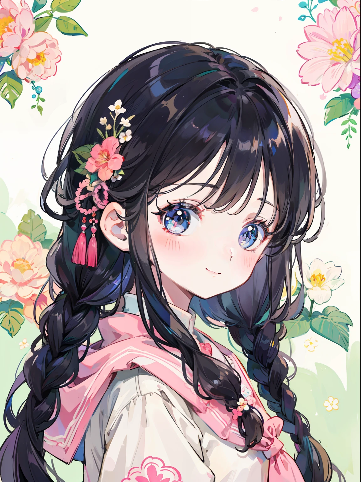 Background overflowing with many flowers、Close up portrait of smiling woman looking back。There are also many flowers in the hair of the braid。Cute illustrations full of happiness、Floral background、Extremely high quality、high-level image quality、Extremely delicate drawing。Rarely seen workmanship