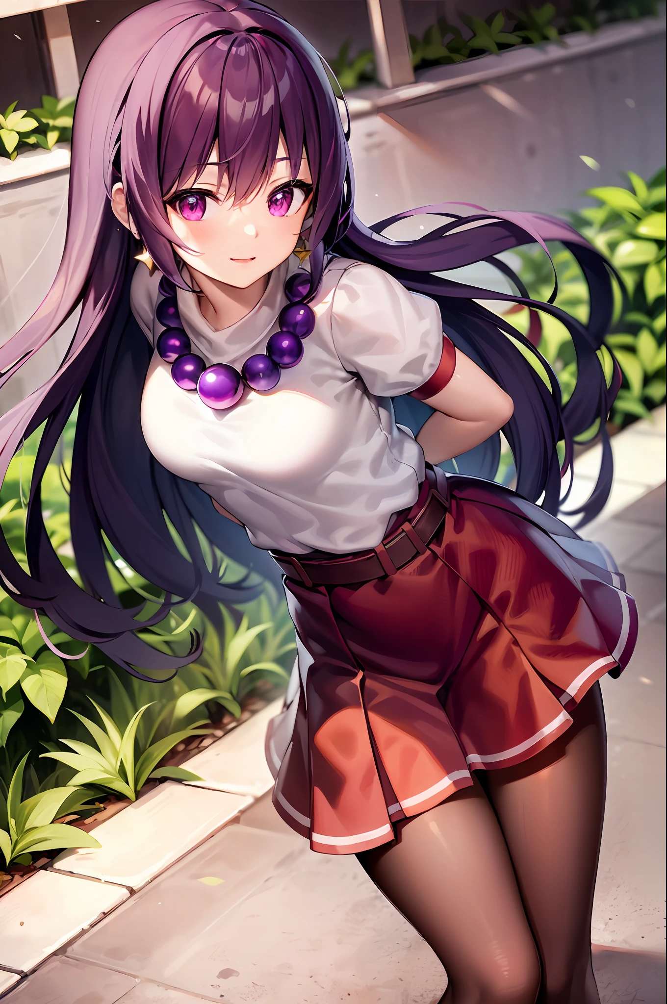 （tmasterpiece）， （best qualtiy）， （ultra - detailed）， intricately details， athena97， 1girll， 独奏， Purple eye， Purple colored hair， long whitr hair， white earrings， red hairband， Star hair ornaments， medium breats， red tank top， white highnecksweater， White puffy sleeves， short- sleeved， Red pleated skirt， （deep red pantyhose：1.2）， black pantyhoses， Yellow belt， purple sphere shape necklace， white short socks， Red shoes，   （exteriors）， photography of， ssmile， Be red in the face， and the sun was shining brightly，  cowboy lens， blur backgroun， Garden background，