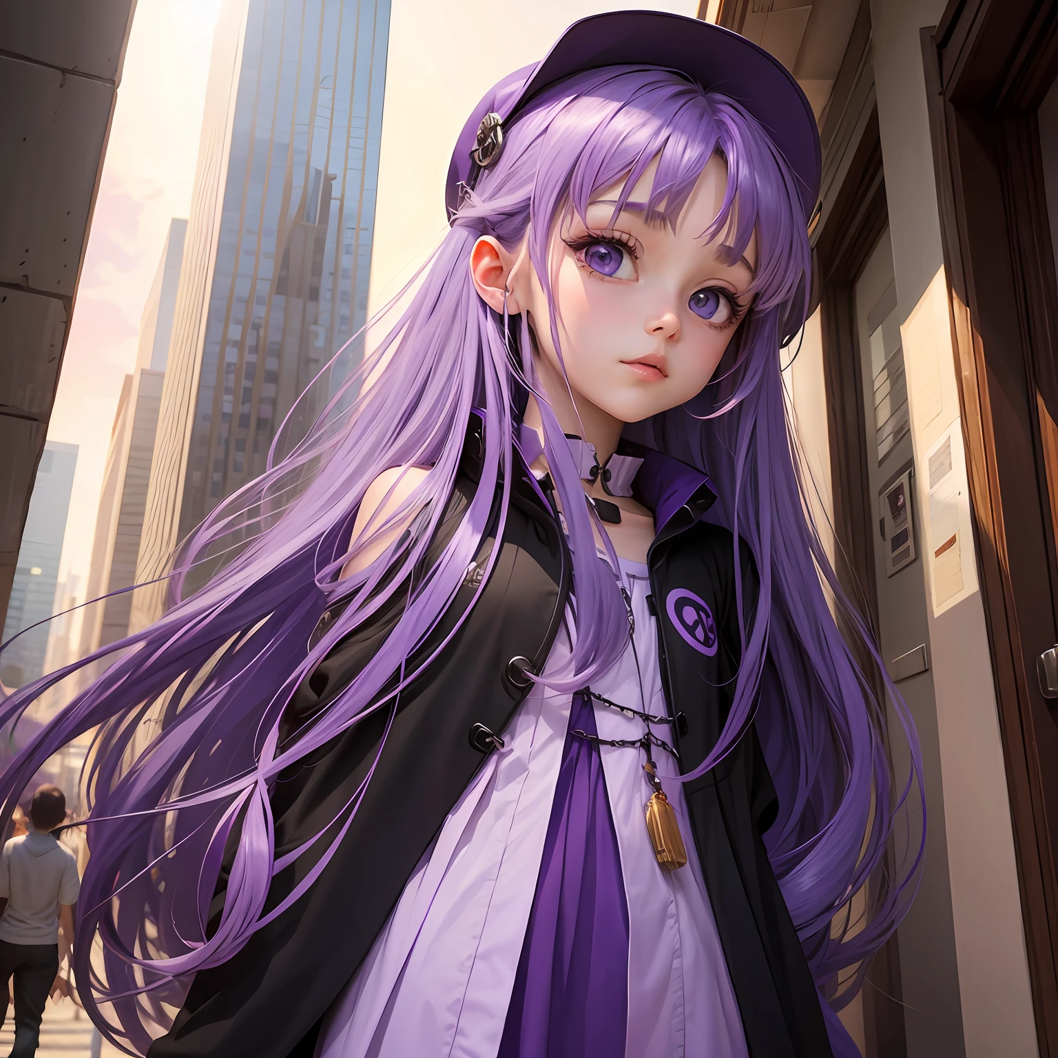 Purple hair, purple clothes, half body, long hair, look up --auto