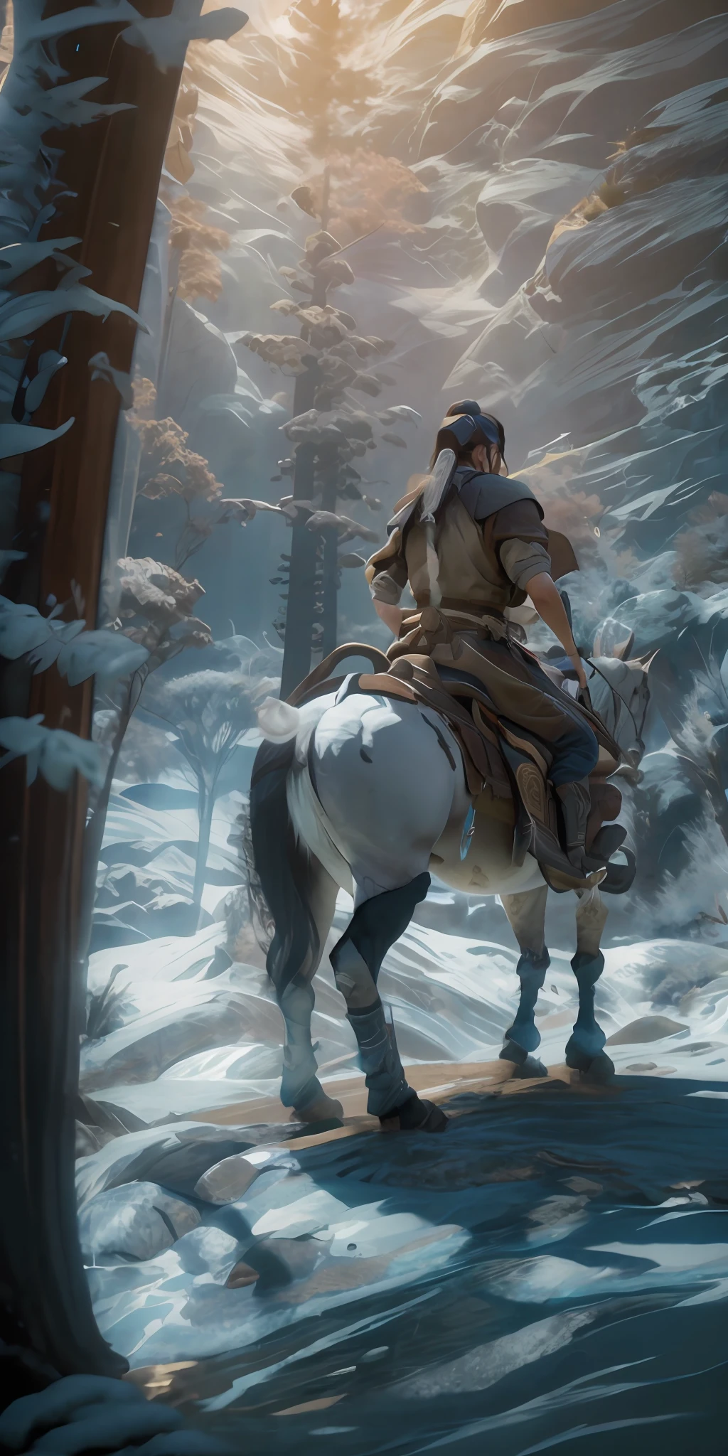 panoramic view, Samurai riding a horse in a snowy forest Cinematic lighting, Unreal Engine 5, Cinematic, Color Grading, Editorial Photography, Photography, Photoshoot, Shot on 70mm lense, Depth of Field, DOF, Tilt Blur, Shutter Speed 1/1000, F/22, White Balance, 32k, Super-Resolution, Megapixel, ProPhoto RGB, VR, tall, epic, artgerm, alex ross, Halfrear Lighting, Backlight, Natural Lighting, Incandescent, Optical Fiber, Moody Lighting, Cinematic Lighting, Studio Lighting, Soft Lighting, Volumetric, Contre-Jour, dark Lighting, Accent Lighting, Global Illumination, Screen Space Global Illumination, Ray Tracing Global Illumination, Red Rim light, cool color grading 45%, Optics, Scattering, Glowing, Shadows, Rough, Shimmering, Ray Tracing Reflections, Lumen Reflections, Screen Space Reflections, Diffraction Grading, Chromatic Aberration, GB Displacement, Scan Lines, Ray Traced, Ray Tracing Ambient Occlusion, Anti-Aliasing, FKAA, TXAA, RTX, SSAO, Shaders, OpenGL-Shaders, GLSL-Shaders, Post Processing, Post-Production, Cel Shading, Tone Mapping, CGI, VFX, SFX, insanely detailed and intricate, hypermaximalist, elegant, hyper realistic, super detailed, dynamic pose, centered, photography