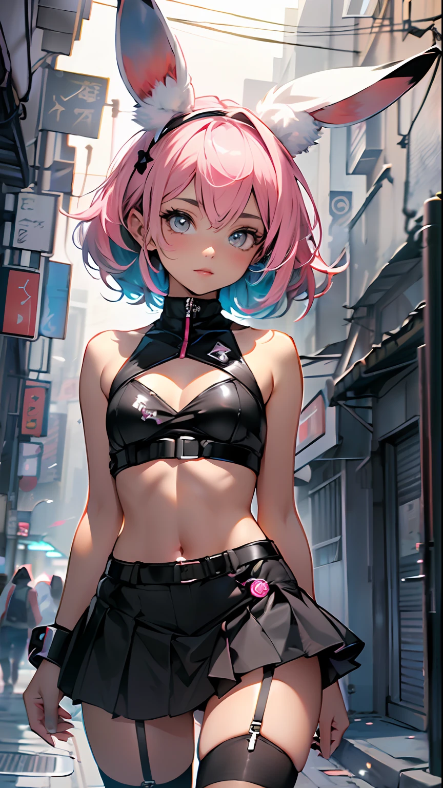 cute little bunny loli,(((little loli, small tiny body, petite))), (((6 ))),((anime little bunny loli with extremely cute and beautiful fuchsia hair walking down the street)),(((bunny girl,anthro furry cute,bunny-girl))),(((bunny ears,bunny ears on head,big bunny ears))),
(((flat chest))), (((fuchsia hair:1.35,short fuchsia hair,colored inner hair,ear breathing,))),((heterochromia, eye1 fuchsia, eye2 pink, perfect eyes, upturned eyes:1.3, beautiful detailed eyes, finely detailed beautiful eyes:1, big highlight on eyes:1.2, slanted eyes)), (((lustrous skin:1.5,bright skin: 1.5,skin tanned,shiny skin,very shiny skin,shiny body,plastic glitter skin,exaggerated shiny skin))),(delicate detailed fingers,detailed body,detailed arms,human hands, detailed hands),
cute,slutty,,erotic,nsfw,
zettai ryouiki,revealing clothing,show skin,((rave shirt, fluorescent colored shirt, rave mini-skirt,visible thong straps)),(wearing a rave outfit:1.3,rave clothes,semi-naked,with little clothing,),(detailed outfit,detailed clothes),
(dynamic pose:1.0), solo focus, embarrassed, centered, scale to fit dimensions, Rule of thirds,
outdoors, ((night view)), (cyberpunk night street Background: 1.5,dark sky,alleyway,lonely alley,thick clouds, detailed background:1.25),
(best quality), (high resolution), (sharp focus), (ultra detailed), (extremely detailed), (extremely high quality artwork), 8k_wallpaper, (extremely detailed CG 8k),(very fine 8K CG), ((hyper super ultra detailed perfect piece)), flawless, (((masterpiece))), illustration, vibrant colors, (intricate), High contrast, Selective lighting, Double exposure, HDR (High Dynamic Range), Post-processing, Background blur,