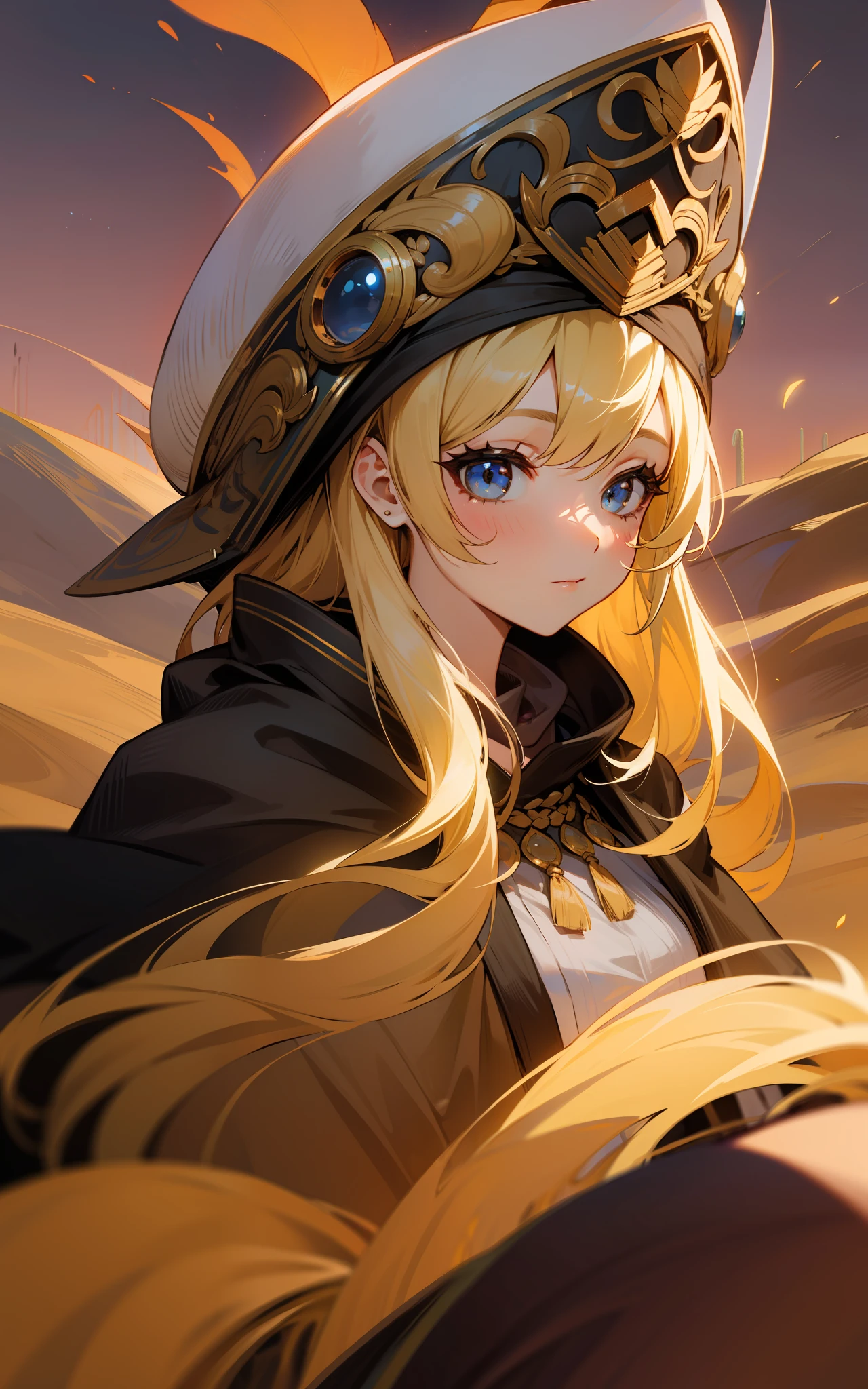 top-quality、hight resolution、detaileds, Desert People、Beautiful girl in underwear and cloak、de pele branca、Fantasy worldview、Blonde long hair、Sauce order、Desert at night、discharge from the body、