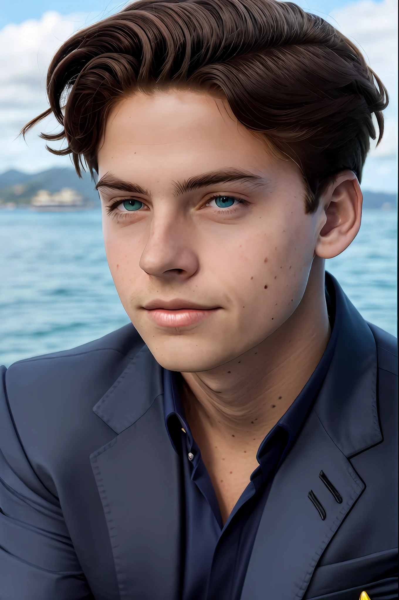 a young man in an dark blue suit, on a yacht, vacation photo, [smiling:0.8], island paradise in background, (close up, head shot), (raw, 8k, uhd, fujifilm xt3), sharp, highly detailed face, perfect day