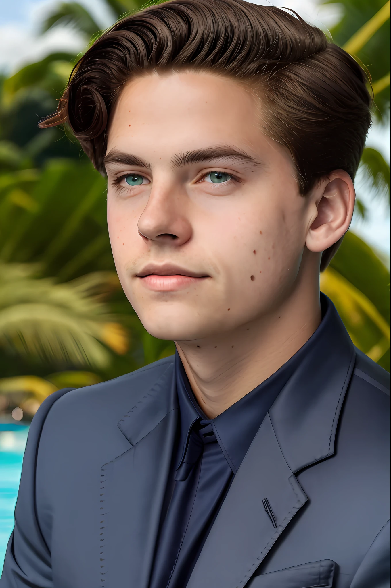 a young man in an dark blue suit, on a yacht, vacation photo, [smiling:0.8], island paradise in background, (close up, head shot), (raw, 8k, uhd, fujifilm xt3), sharp, highly detailed face, perfect day