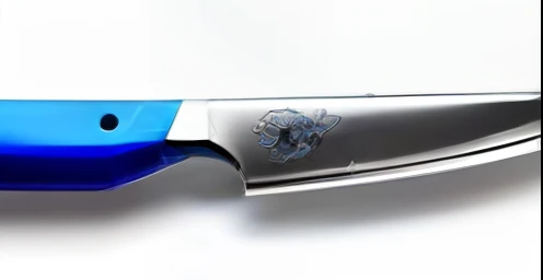 Close-up of a knife with a blue handle on a white surface, profile close-up view, detail shots, hyper detailed ultra sharp, Close-up shot, 3/4 side view, detailed product shot, Clear detail, kobalt blue, close up angle, Medium shot close-up, Medium close-up, medium close - up, superior detail
