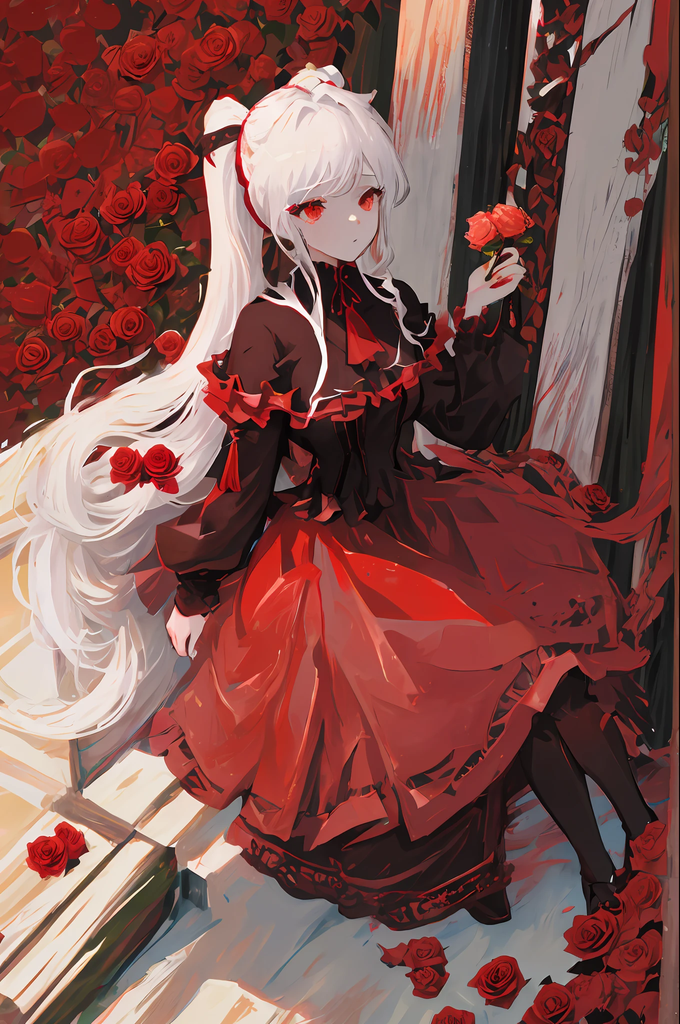 (absurdres, highres, ultra detailed),(Masterpiece, best quality:1.2),1girl,White haired girl,red eyes, surrounded by Roses,twin pony tail, wearing a red and black dress, white jacket, tassel