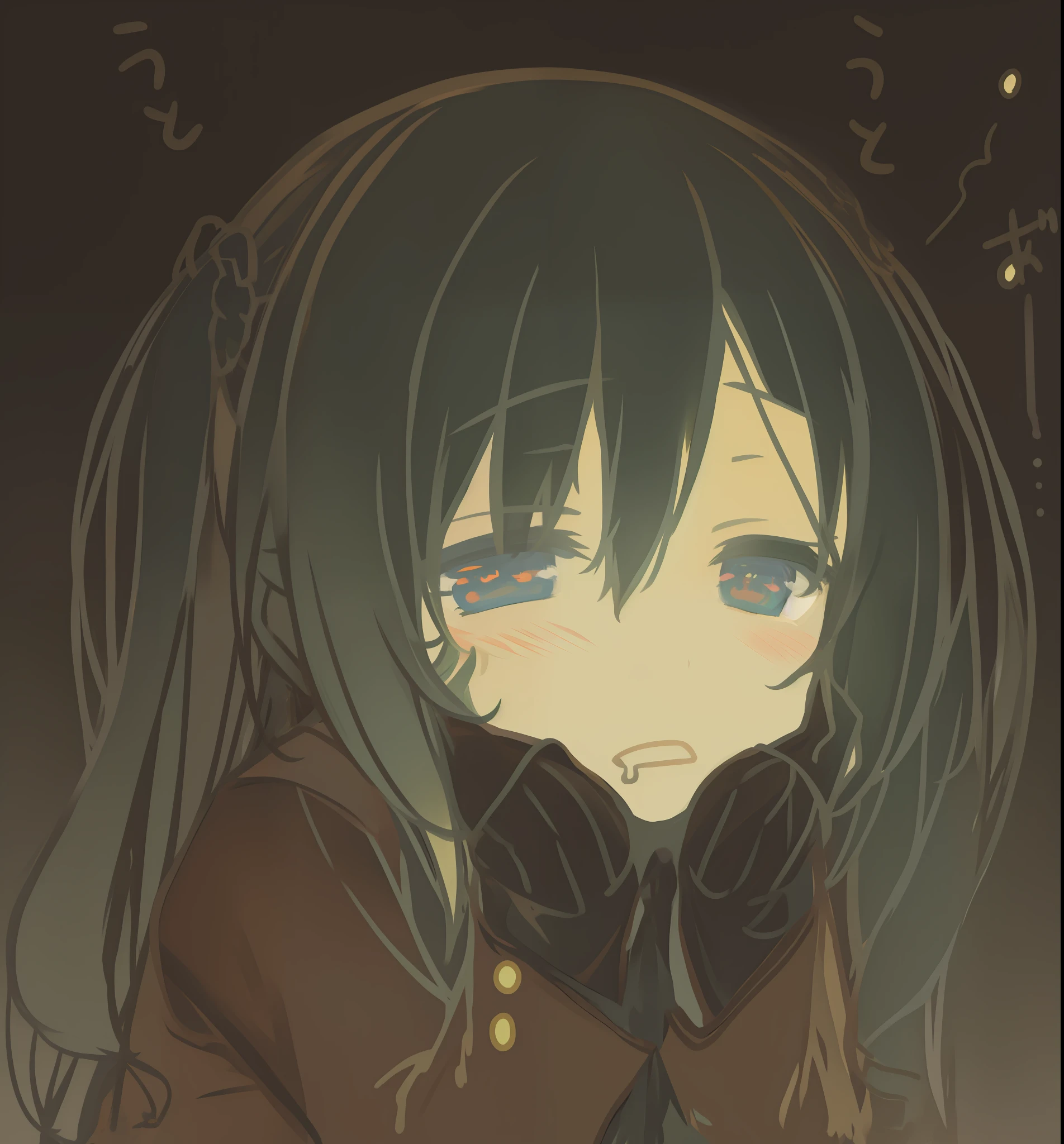 A painting of a girl with long hair and tie, she has a cute expressive face, extremely cute anime girl face, & her expression is solemn, slightly happy facial expression, Bored expression, Tired expression, sad exasperated expression, tired haunted expression, cute anime face, with a sad expression, with huge luminous sad eyes, Sleepy expression