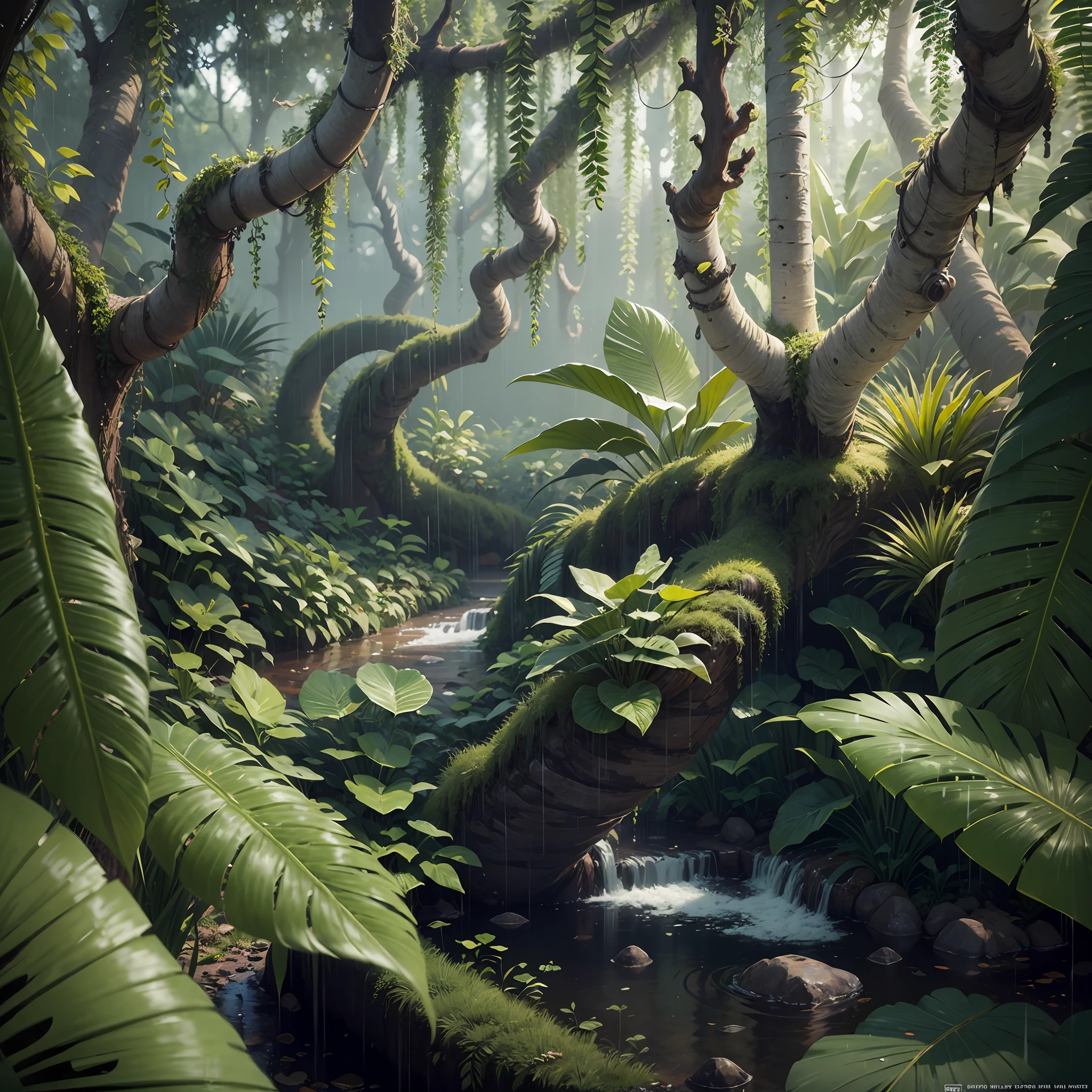 A jungle, with intense rainfall, monochromatic, vines all around, giant and wet trees, masterpiece, best quality, high quality, extremely detailed CG unity 8k wallpaper, oil paiting, award winning photography, Bokeh, Depth of Field, HDR, bloom, Chromatic Aberration ,Photorealistic,extremely detailed, trending on artstation, trending on CGsociety, Intricate, High Detail, dramatic, art by midjourney, volumetric lighting. Image Size : 960x536 --auto --s2