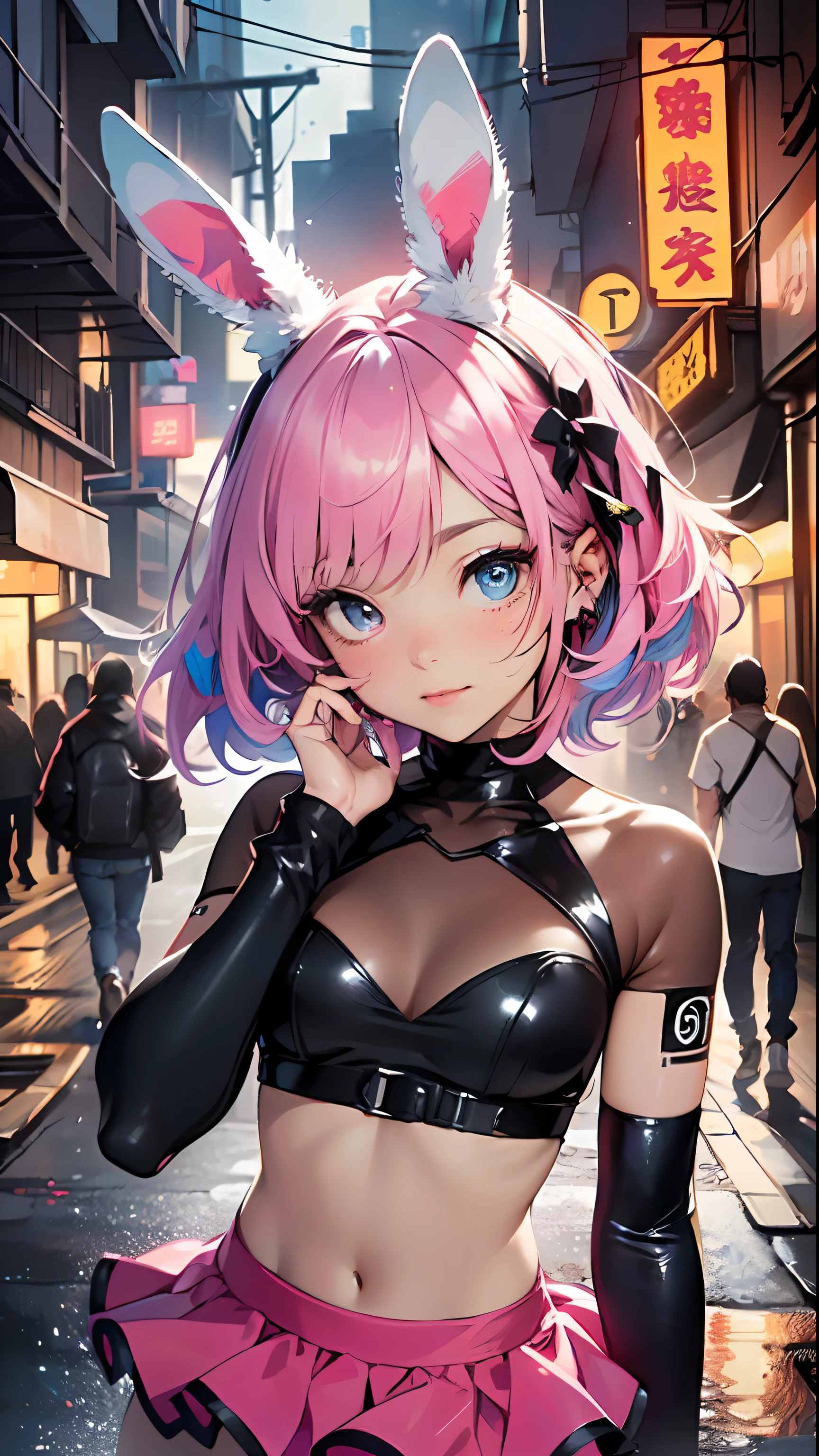 cute little bunny loli,(((little loli, small tiny body, petite))), (((6 years old))),((anime little bunny loli with extremely cute and beautiful fuchsia  hair walking down the street)),(((bunny girl,anthro furry cute,bunny-girl))),(((bunny ears,bunny ears on head,big bunny ears))),

(((flat chest))), (((fuchsia hair:1.35,short fuchsia hair,colored inner hair,ear breathing,))),((heterochromia, eye1 fuchsia, eye2 pink, perfect eyes, upturned eyes:1.3, beautiful detailed eyes, finely detailed beautiful eyes:1, big highlight on eyes:1.2, slanted eyes)), (((lustrous skin:1.5,bright skin: 1.5,skin tanned,shiny skin,very shiny skin,shiny body,plastic glitter skin,exaggerated shiny skin))),(delicate detailed fingers,detailed body,detailed arms,human hands, detailed hands),

cute,slutty,,erotic,nsfw, 

zettai ryouiki,revealing clothing,show skin,((rave shirt, fluorescent colored shirt, rave mini-skirt,visible thong straps)),(wearing a rave outfit:1.3,rave clothes,semi-naked,with little clothing,),(detailed outfit,detailed clothes),

(dynamic pose:1.0), solo focus, embarrassed, centered, scale to fit dimensions, Rule of thirds,

outdoors, ((night view)), (cyberpunk night street Background: 1.5,dark sky,alleyway,lonely alley,thick clouds, detailed background:1.25),

(best quality), (high resolution), (sharp focus), (ultra detailed), (extremely detailed), (extremely high quality artwork), 8k_wallpaper, (extremely detailed CG 8k),(very fine 8K CG), ((hyper super ultra detailed perfect piece)), flawless, (((masterpiece))), illustration, vibrant colors,  (intricate), High contrast, Selective lighting, Double exposure, HDR (High Dynamic Range), Post-processing, Background blur,