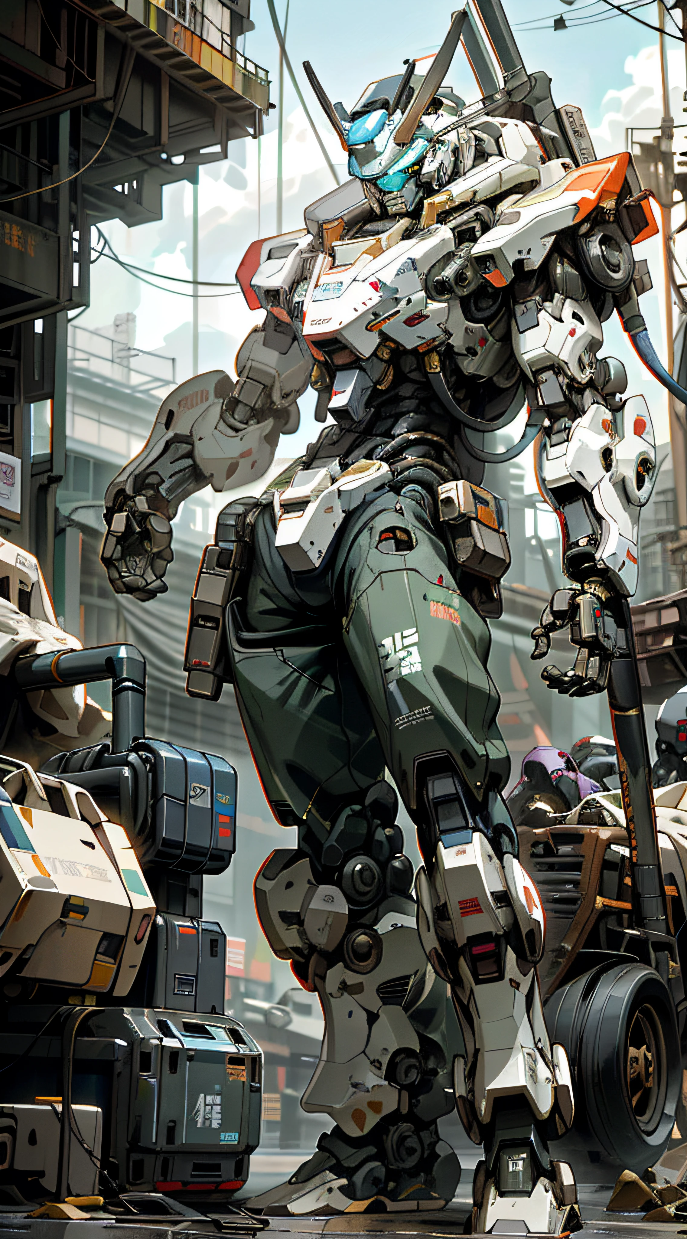 there is a robot that is standing in the street, painterly humanoid mecha, Mech suit, portrait of a mech, mecha asthetic, High quality digital concept art, cool mecha style, Humanoid mech, mecha human, mecha art, author:Craig Mullins, discarded mech in background, Mecha suit, soldiers and mech fight