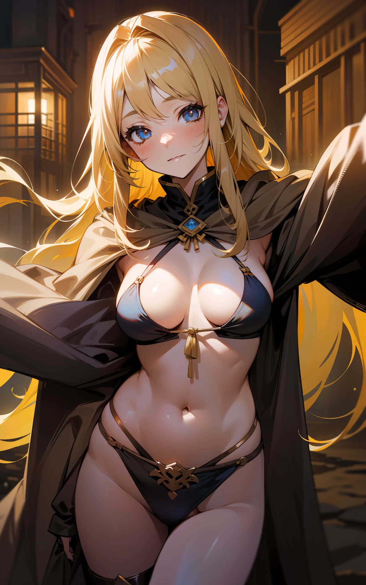 top-quality、hight resolution、detaileds, Desert People、Beautiful girl in underwear and cloak、de pele branca、Fantasy worldview、Blonde long hair、Sauce order、Desert at night、discharge from the body、