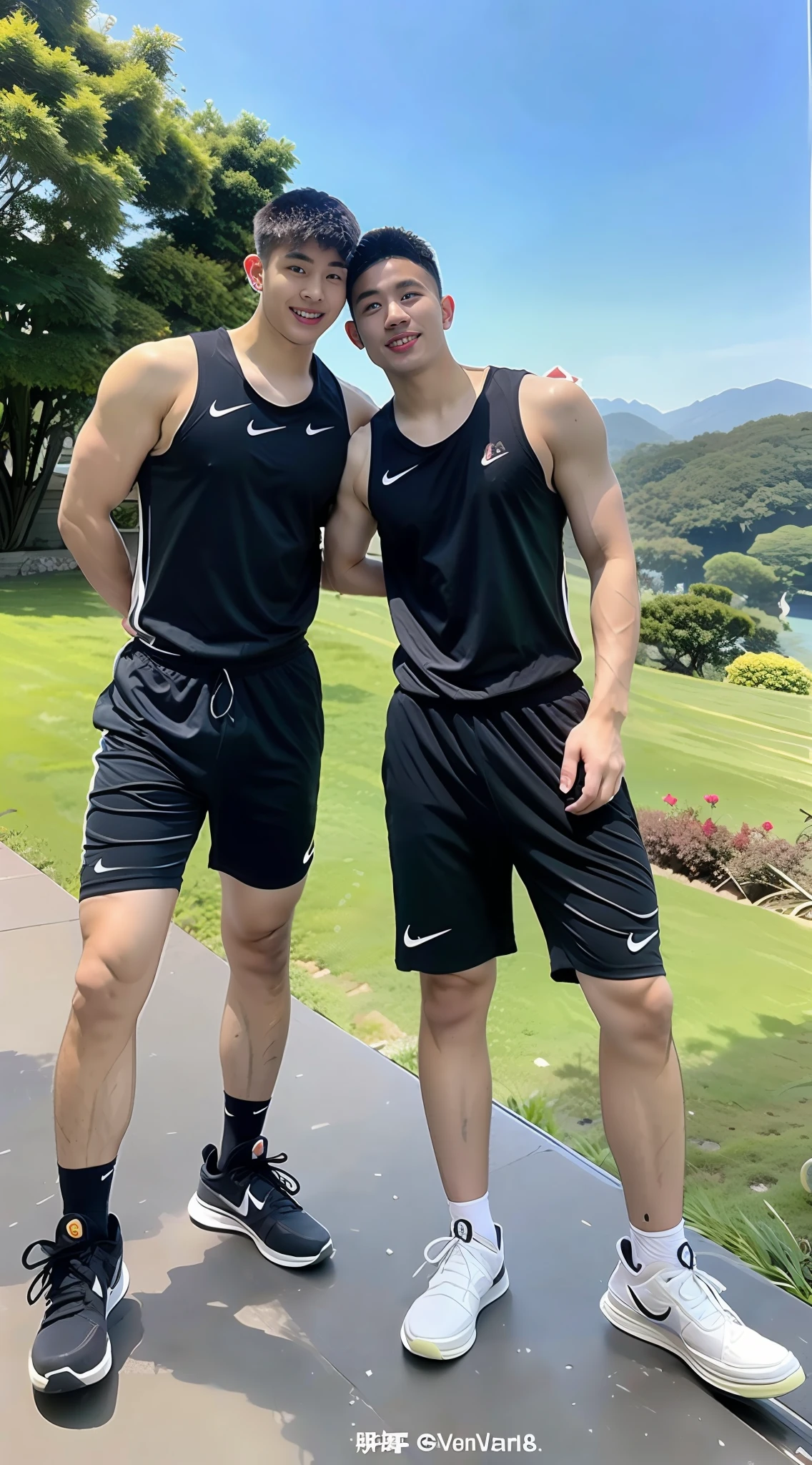 (best qualtiy,tmasterpiece:1.2),2 young Chinese males,-18 years olkisses,hugs,glute,White and tender,Muscular line feeling,veiny muscles,Straight dorsal spine,Full body like,White socks,Stand up,Walk on mountain paths,scenic view,(((Nike black basketball suit))),Wear sneakers