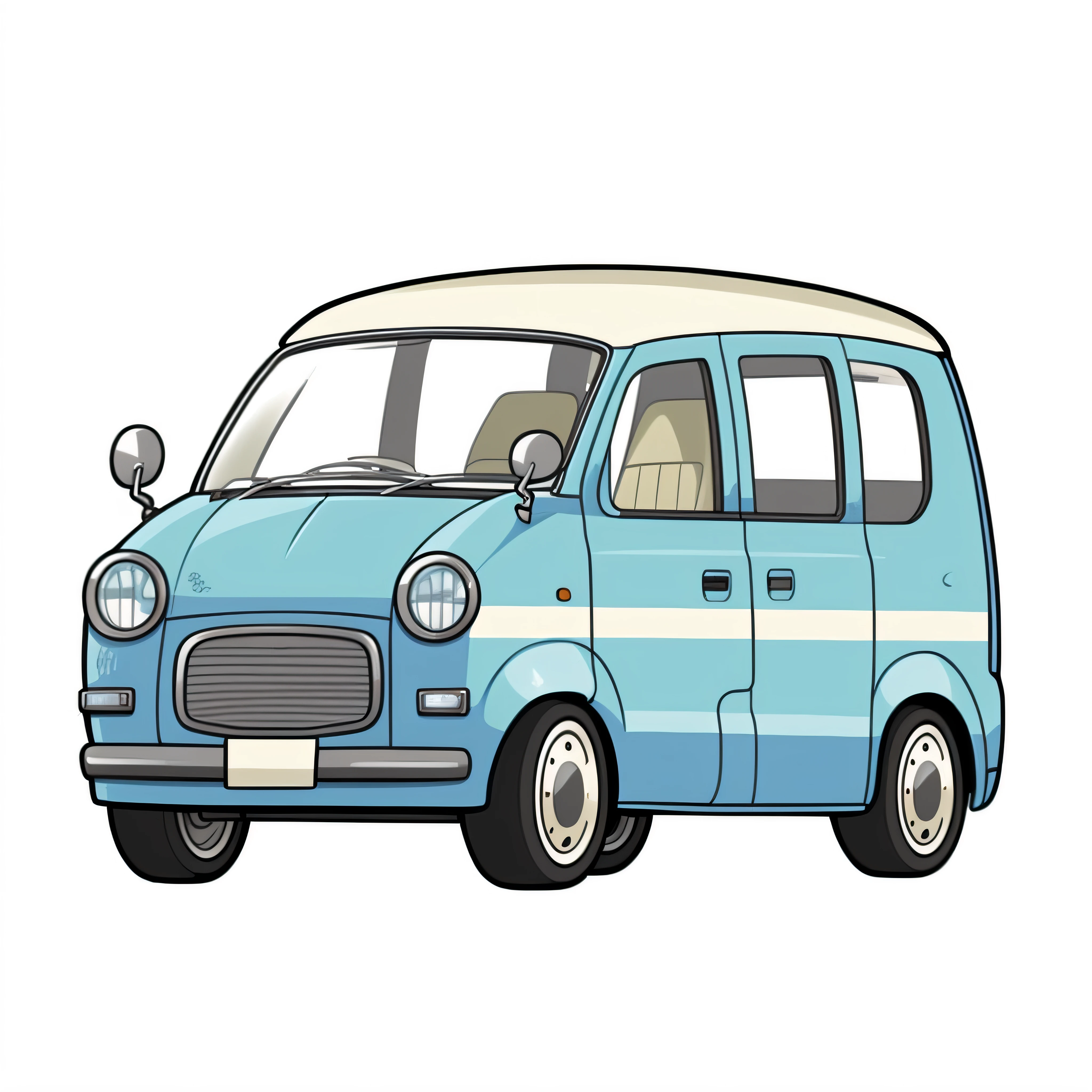 Cartoon blue van with white stripes and white roof, vehicle illustration, vehicle, Cartoon style illustration, Japanese cartoon style, Cartoon style, full view of a car, Microbus, hd illustration, Bully, anime art vehicle concept art, vehicle design, Simple cartoon style, Van, Car, Car, Full car, author：Kiichiro Ishikawa, Highly detailed illustration.”