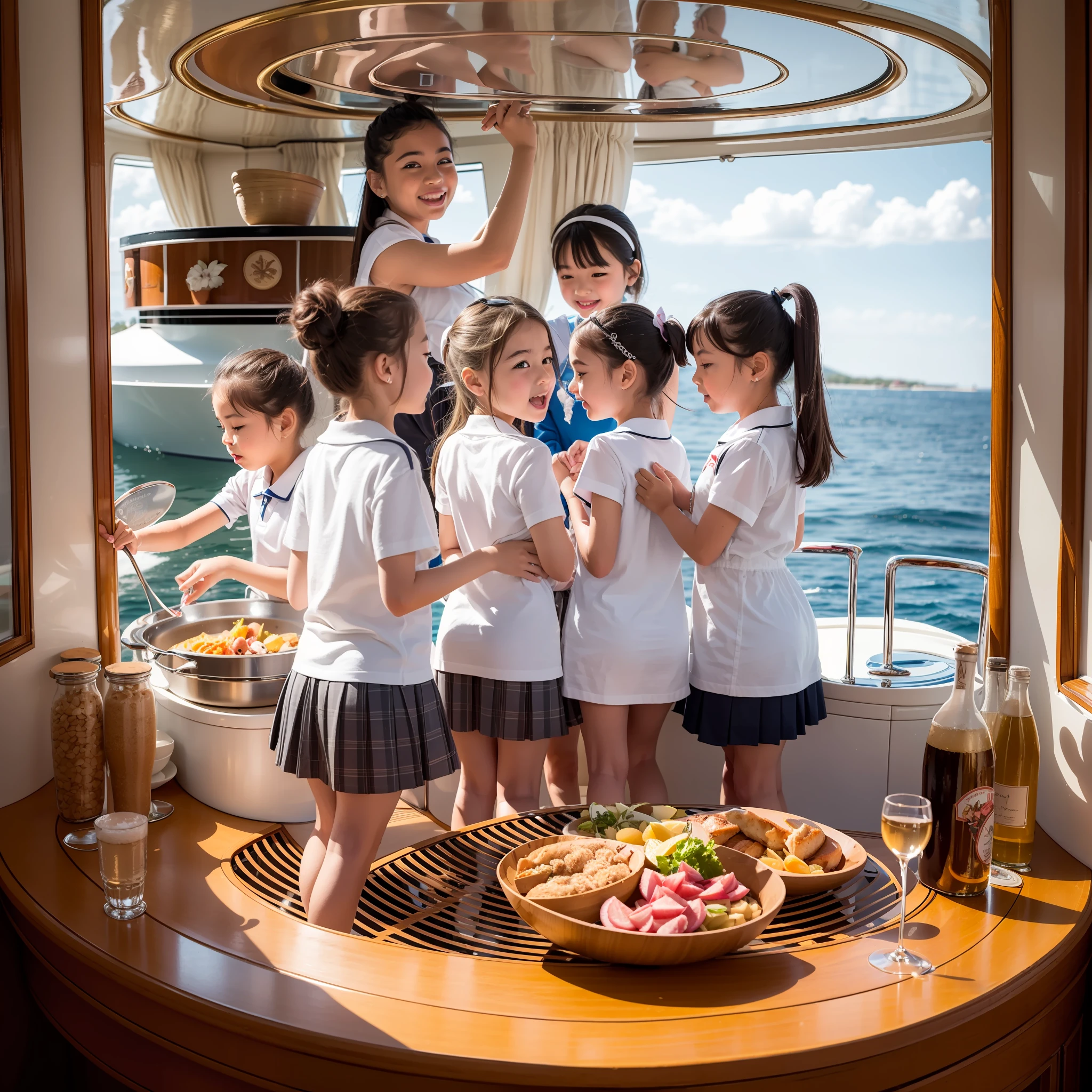 On a super-large cruise ship，Five delicate cute little girls with upturned asses，junior school student，Cooking in the yacht