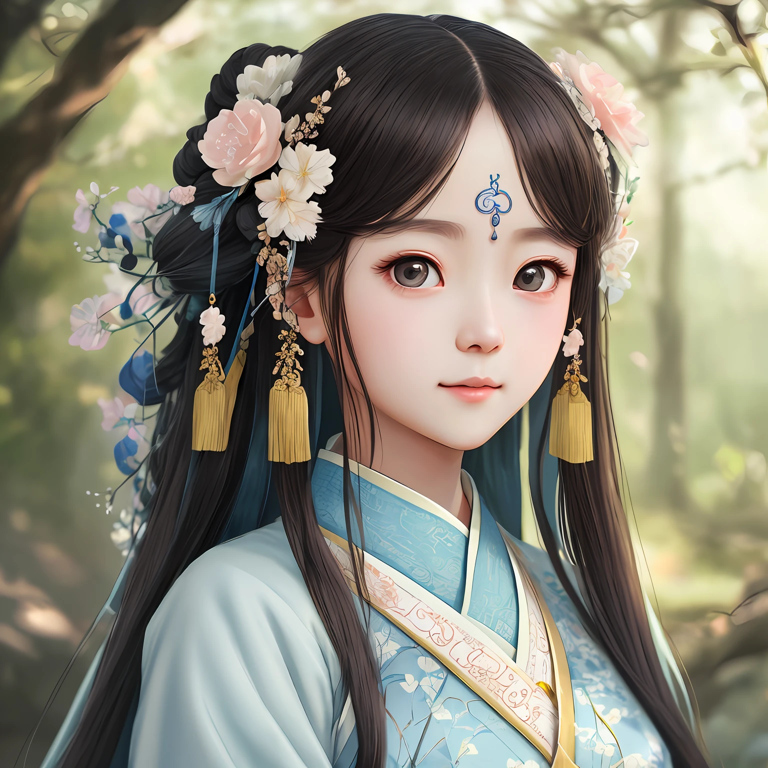 Best quality,Masterpiece, illustration, Extremely delicate and beautiful, Extremely detailed, CG, unit, 8K wallpaper, Amazing, Fine details, Masterpiece, Best quality, offcial art, extremely detailed 8k wallpaper by CG unit,Absurd, unbelievable Ridiculous, hugefilesize, Ultra-detailed, high resolution, Extremely detailed, beautiful and detailed girl, Extremely detailed eyes and face, Beautiful and detailed eyes,  Light on the face, (Hanfu: 1.1), 1 girl, LOLI，full body, Full body photo,wie z_swarm