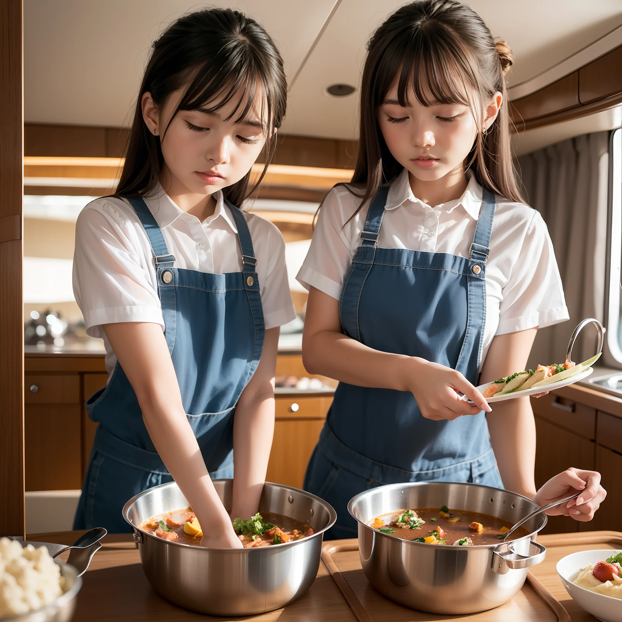 On a super-large cruise ship,Five delicate cute little girls with upturned asses,junior school student,Cooking in the yacht