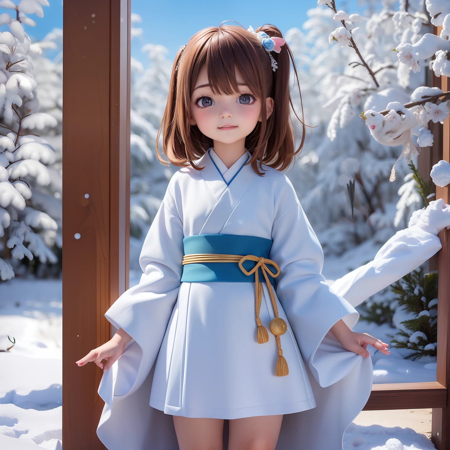 ((6year old girl:1.5)), 1 girl, loli, petite girl, complete anatomy, whole body, children's body, child, super cute, girl, little girl, beautiful girl, beautiful shining body,
bangs,brown hair,high eyes,(aquamarine eyess), drooping eyes, petite,tall eyes, beautiful girl with fine details, Beautiful and delicate eyes, detailed face, Beautiful eyes, beautiful shining body,
Smiles, happiness,
((snowfield,snow scene)),(white fur ),Japanese kimono, (Shirakawa-go),(snow mountain blue sky:1.5),
Random poses, bouncy hair, random angles,
natural light,((realism: 1.2)), dynamic far view shot,cinematic lighting, perfect composition, by sumic.mic, ultra detailed, official art, masterpiece, (best quality:1.3), reflections, extremely detailed cg unity 8k wallpaper, detailed background, masterpiece, best quality, (masterpiece), (best quality:1.4), (ultra highres:1.2), (hyperrealistic:1.4), (photorealistic:1.2), best quality, high quality, highres, detail enhancement,