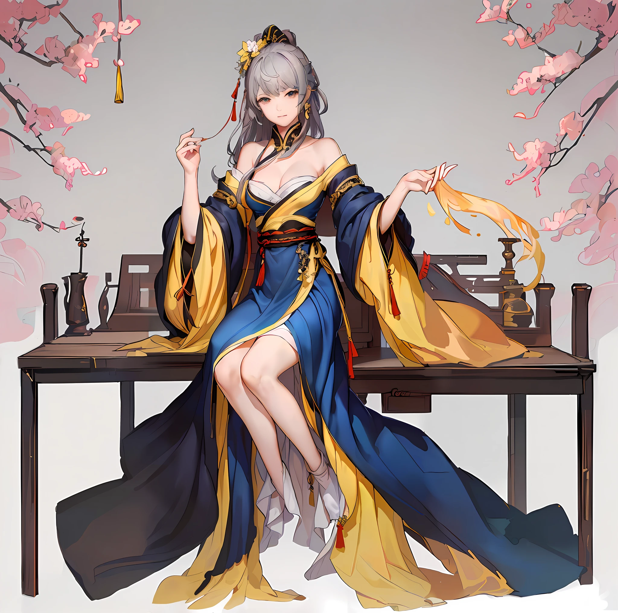 anime - style woman in blue and gold dress sitting on a bench, a beautiful fantasy empress, palace , a girl in hanfu, onmyoji detailed art, beautiful alluring anime woman, ((a beautiful fantasy empress)), by Yang J, heise jinyao, anime goddess, from girls frontline, full body xianxia, trending on cgstation