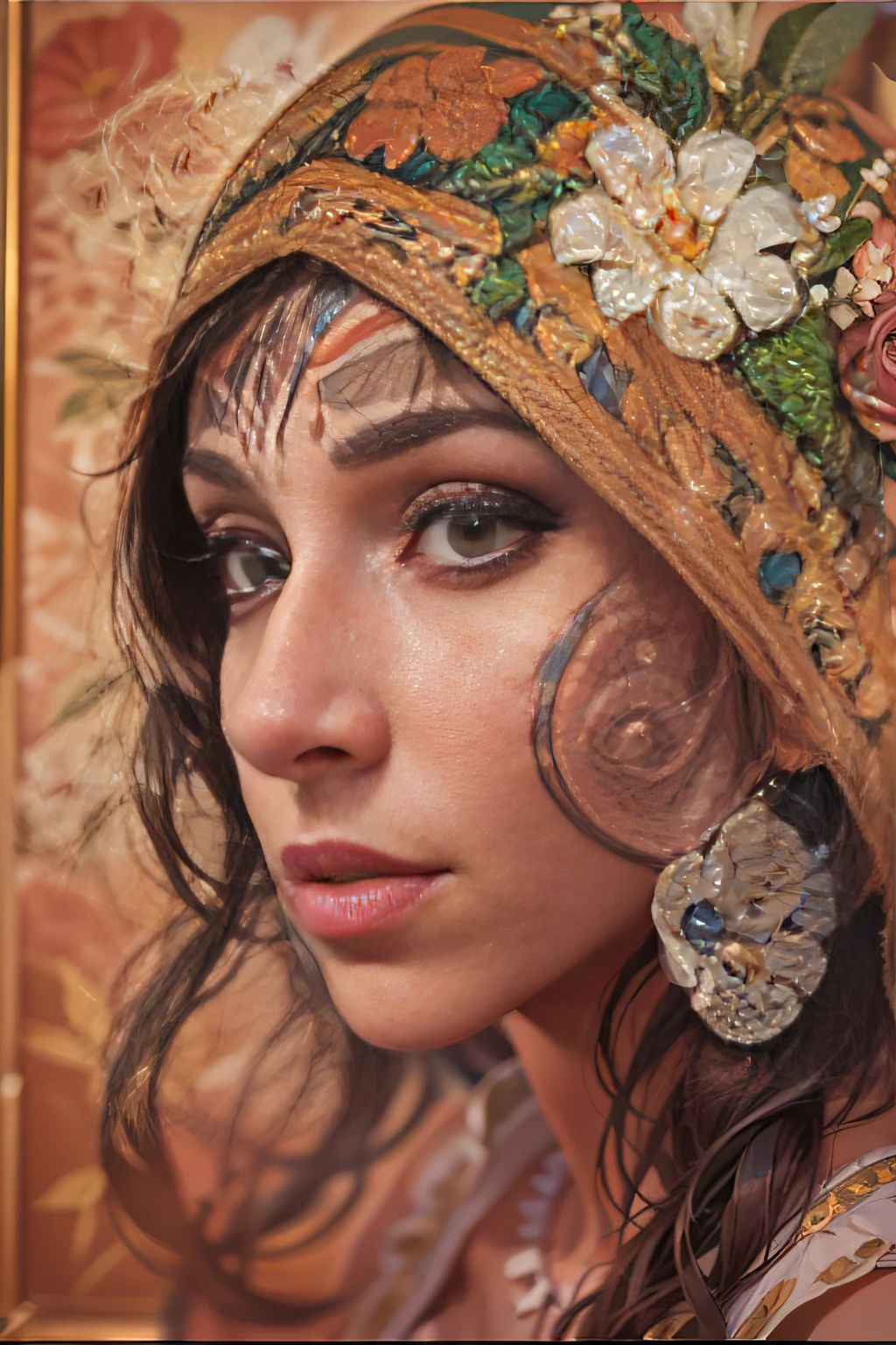 very detailed and delicate painting of a woman (focus on face) painting in pre-romanesque style, blooms, zoomed, whimsical, high detail, 32k resolution, best quality