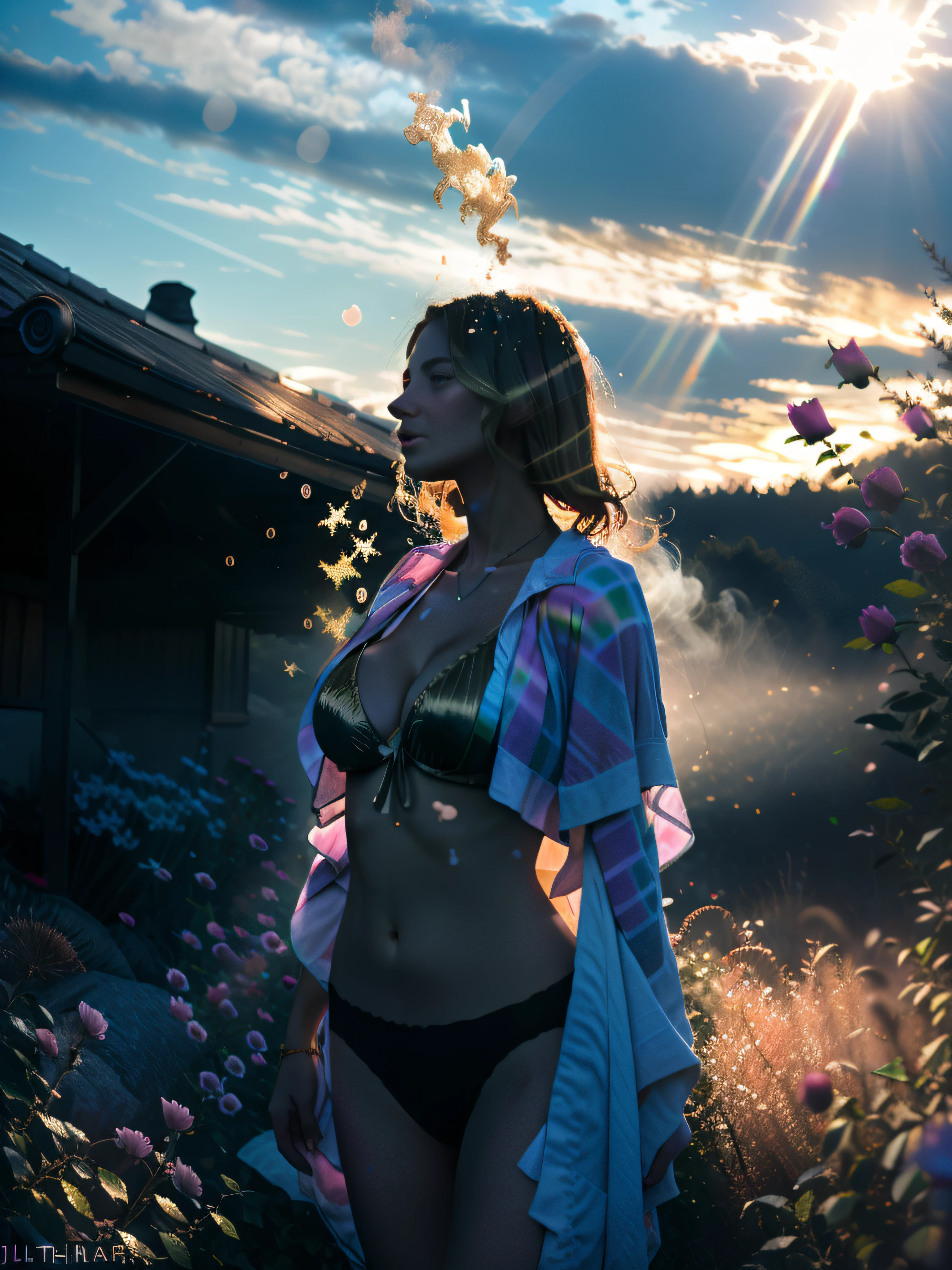 cottoncandy carnival, etheral, glitter, curvy ginger blonde beauty, cleavage, soaked ripped panties, pastel rainbow etheral soft dreamy light, bathing in backlighting, sunrays, petals falling, roses, fog, haze, sunlit, covered in flowers and petals, godrays, cozy, morning dew, backlighting, hazy, golden hour, morning light, erotic mood, countryside, masterpiece, best quality, ultra-detailed, solo, smoke, shadows, contrast, cinematic light, side lighting, ultra high resolution, best shadow, RAW, 4k