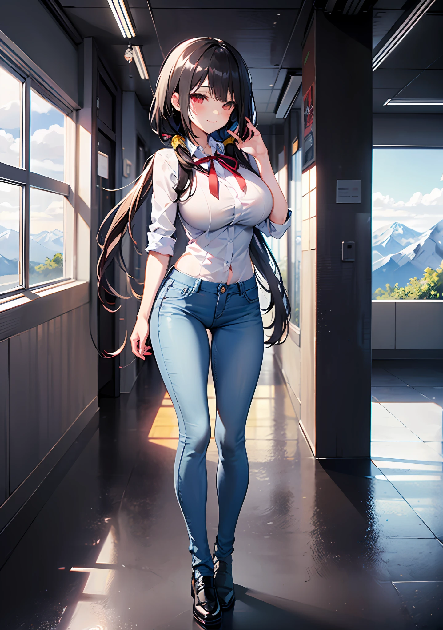 Masterpiece, high quality, ultra quality, best lighting, 1girl, ((tokisaki kurumi)), long hair, black hair, low twintails, monochrome, ((right red eye:1, left yellow eye:1)), school uniform, ((short jean)), ((big breast)), ((big thigh)), smile, blush, cute face, ((gesugao face)), standing, sexy body, sexy, tattooed full body, tattooed face, (((tattooed))),looking at viewer, large the breast, nsfw, (((mountain)))