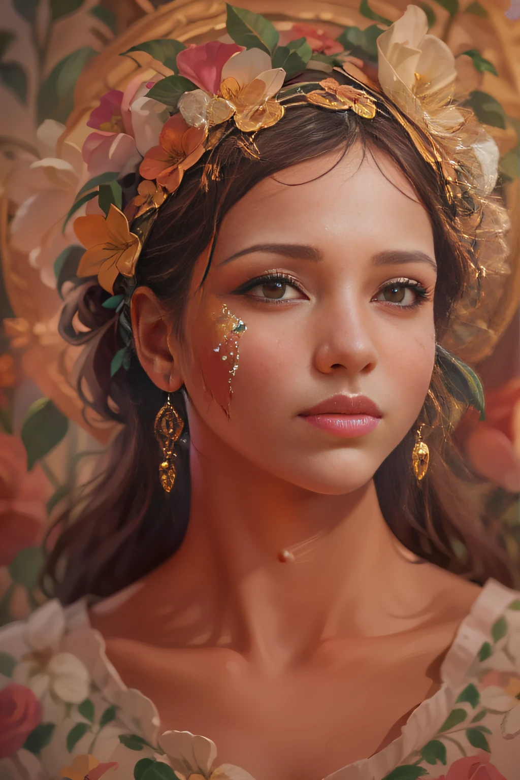 very detailed and delicate painting of a woman (focus on face) painting in pre-romanesque style, blooms, zoomed, whimsical, high detail, 32k resolution, best quality