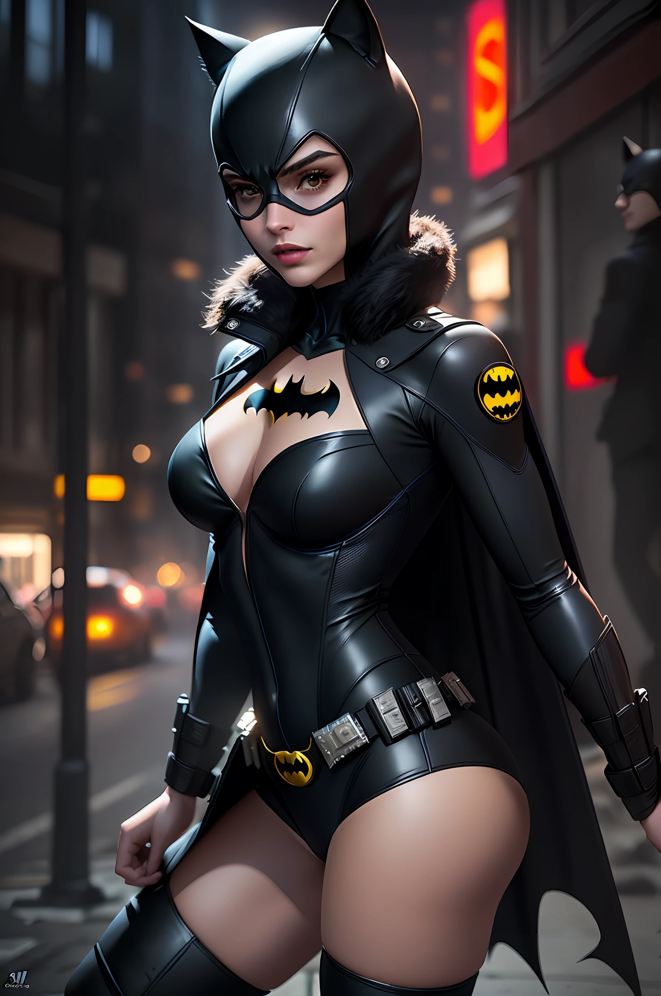 Batman's Catwoman is a life-size version of the character, 3d render da mulher-gato, Mulher-gato, Margot Robbie como Mulher-Gato, Margot Robbie como Mulher Gato, Emma Watson como Mulher-Gato, CGSetivity UHD 4K altamente detalhado, Mulher do gato, Anigirl Batman, em Batman : Cavaleiro Arkham, 8K Artgerm Bokeh, 8k render"