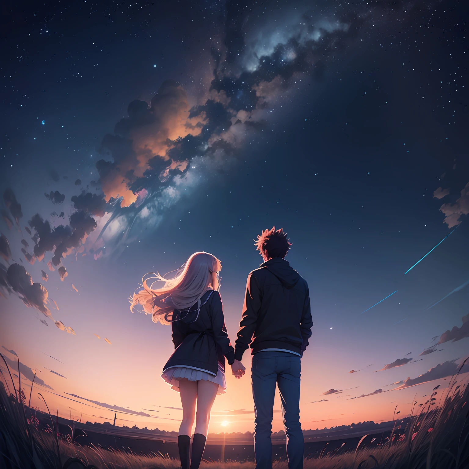 ilustracion detallada de anime de una pareja viendo el cielo nocturno llena de estrellas --auto