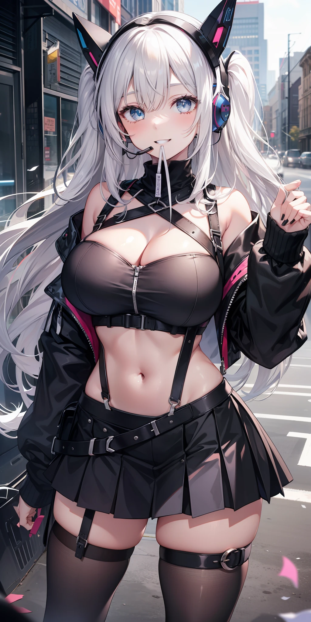 masterpiece, best quality, tall, clearire2, 1girl, Sister Cleaire, Only, long hair, open sexy clothes, black skirt, Black tights, long sleeves, chest harness, black shirt, two sides up, bangs, crop top, miniskirt, Shoes, futuristic headphone, (thick legs), (big thigh), O-Ring, midriff, black and white hair, different color eyes, off shoulder, big breasts, thigh strap, pleated skirt, Su eye braces, perfect eyes, cropped shirt, street, mouth, smiling, ((teeth showing)), (perfect teeth), standing