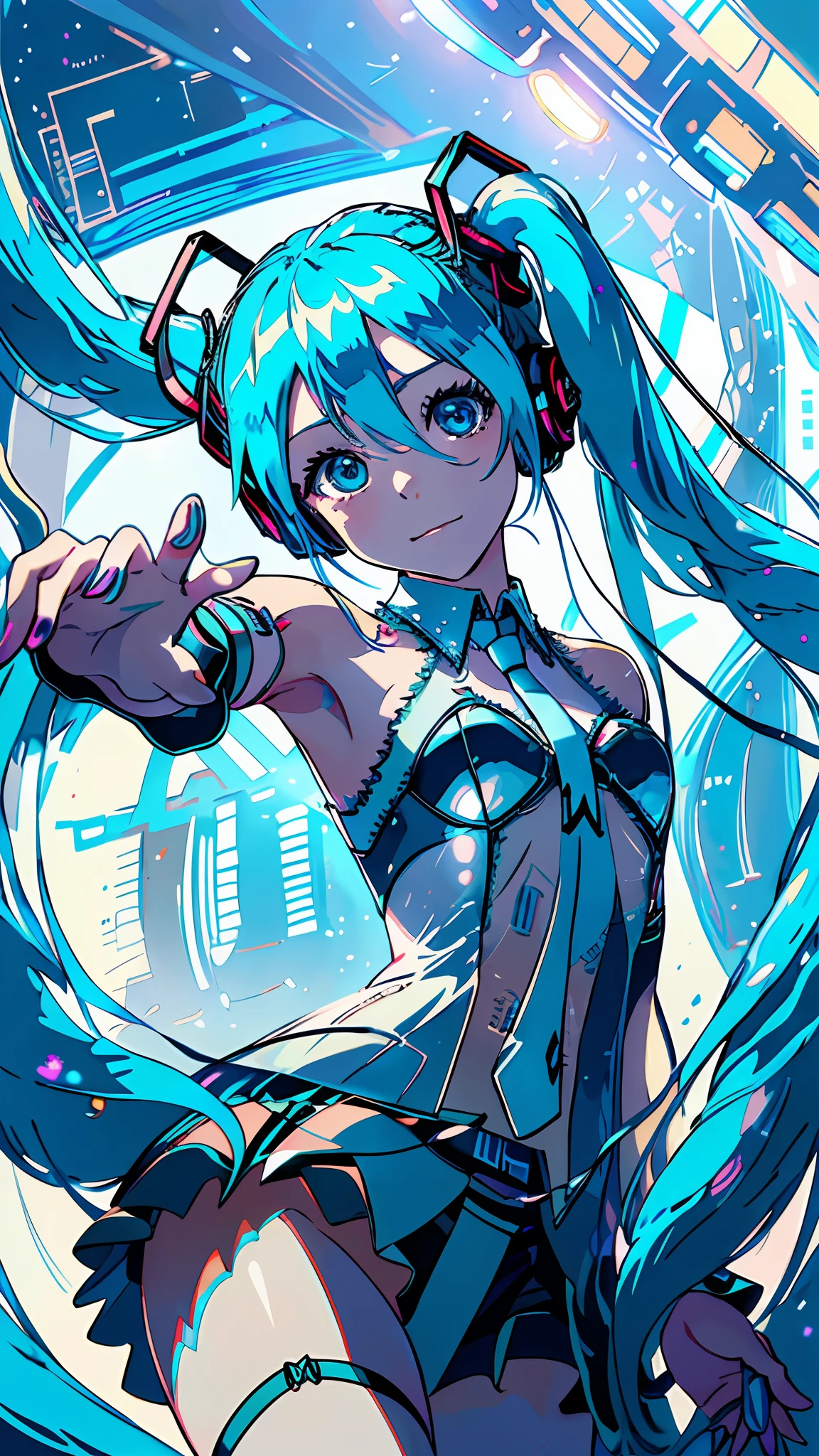 (((masterpiece))),(((bestquality))),((ultra-detailed)),(illustration),((anextremelydelicateandbeautiful)),dynamicangle,floating,(beautifuldetailedeyes),(detailedlight) (1girl), solo,(((hatsune miku))), music stage background