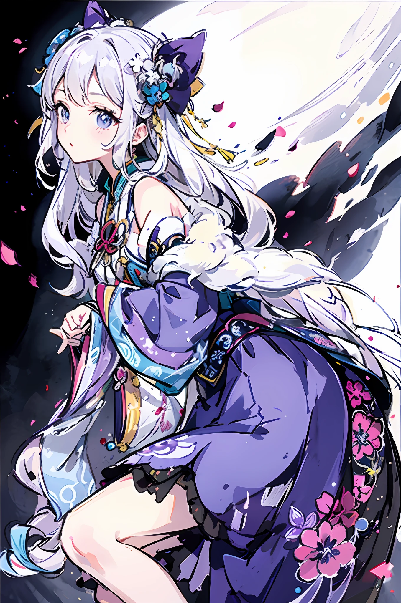 Menina anime com longos cabelos brancos e vestido azul segurando um cavalo roxo, Onmyoji, divindade de cabelos brancos, Retrato de Onmyoji, arte oficial, arte oficial do anime, arte detalhada Onmyoji, deusa anime, arte oficial altamente detalhada, Shikishi, Arte Oficial, anime illustration, Keqing de Genshin Impact, de touhou, Arte oficial do projeto Touhou