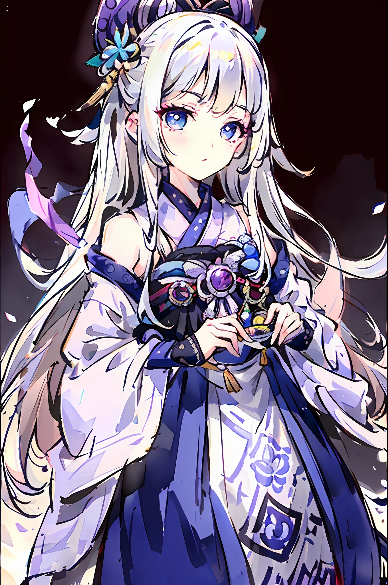 Mulher, kimetsu no yaiba style, white hair, detalhes lilas e azul claro, cabelo longo, olhos claros, (obra-prima)), ((melhor qualidade)), extremamente detalhado, bloom, illustration, quimono, traditional_clothing, profundidade de campo, sketchfab, sombras escuras intensas, foco nítido, soft-lighting, hdr, colorido, good composition, solo