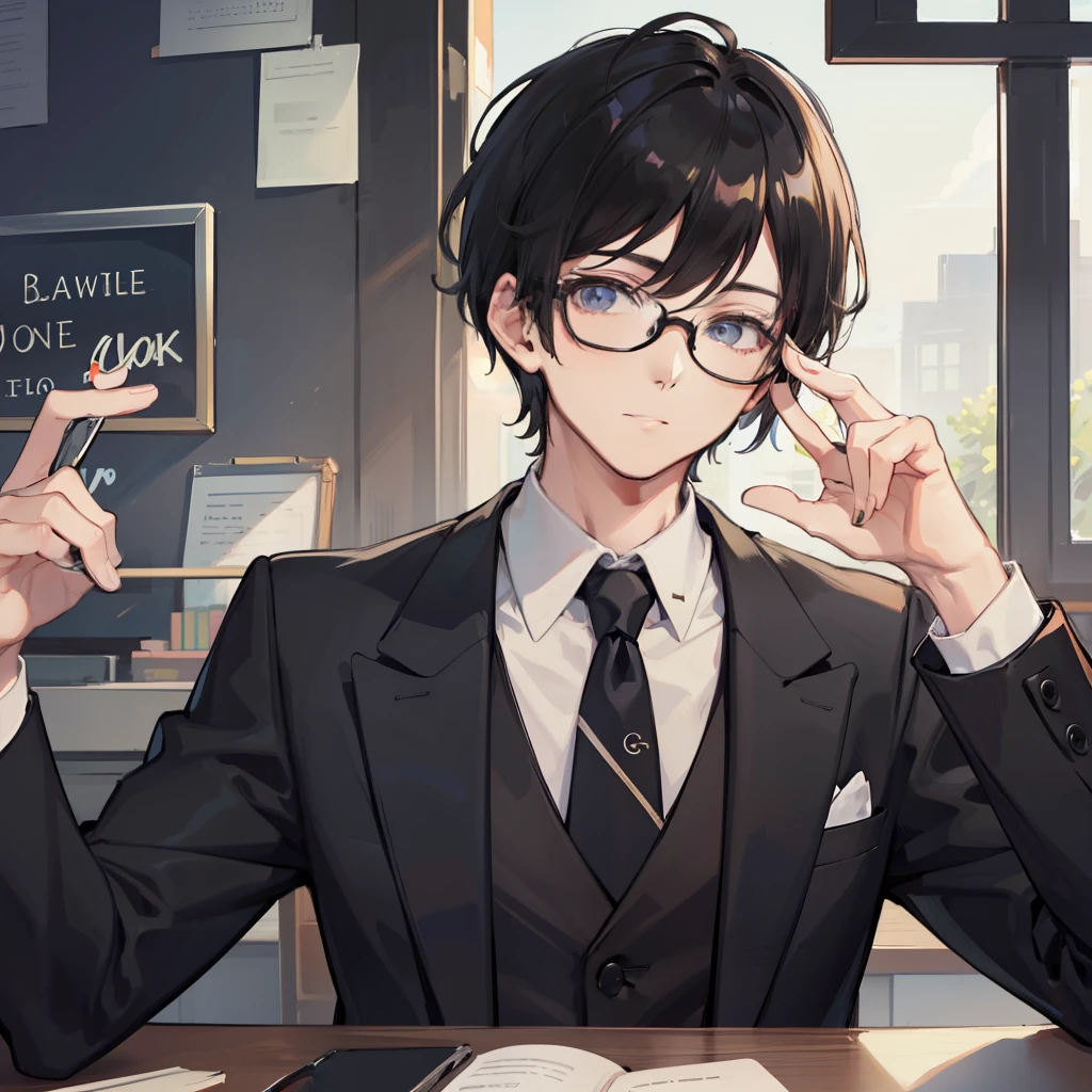 with short black hair，Handsome boy，black-frame glasses，Handsome face，Black suit，A half body，One-handed glasses