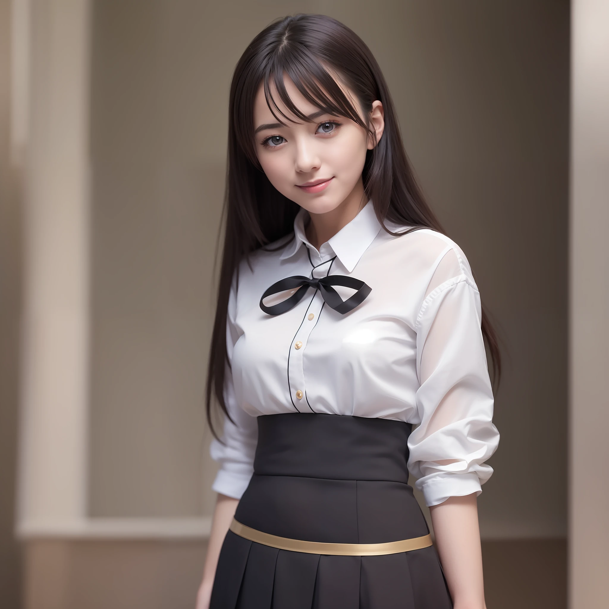 ((masterpiece, best_quality)), 1girl, (photorealistic:1.4), solo, glow skin, smiling, white_background, black_hair, medium long_hair, zettai_ryouiki, skirt, ((full_body)),