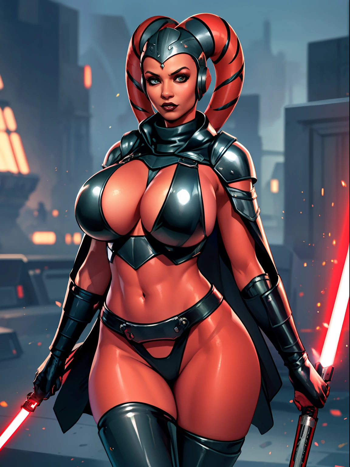 armor, busty, gigantic boobs, ((red skin), twi'lek), dual red lightsabers, evil space knight, space ninja, (wearing black robes, black stealth armor, breastplate, tunic, tabard, cowl, cloak, body glove, straps, buckles, skirts, long sleeves, fantasy, ((armor))), ((busty), slender body, thin, slim sexy body, slim waist, ((gigantic breasts))), Imperial starship, Star Wars,