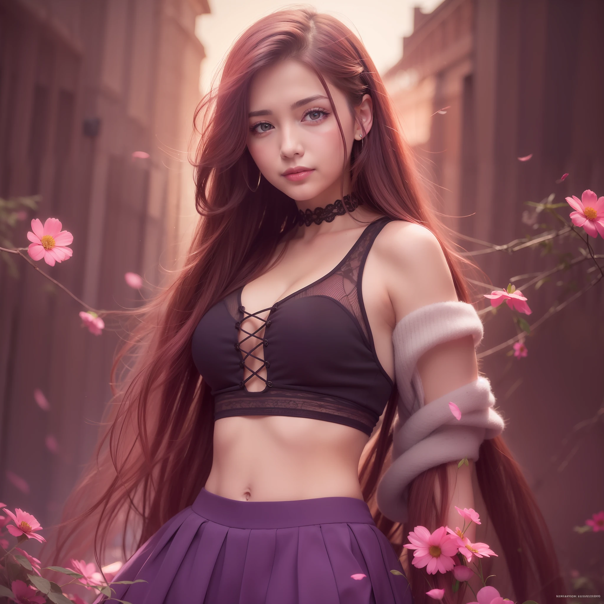 realistic, 1girl, dark red hair, medium long braided hair, glow skin, smiling, purple eyes, glowing eyes, crop top, skirt, parted lips, blush, night, flowers, sun, sunlight,