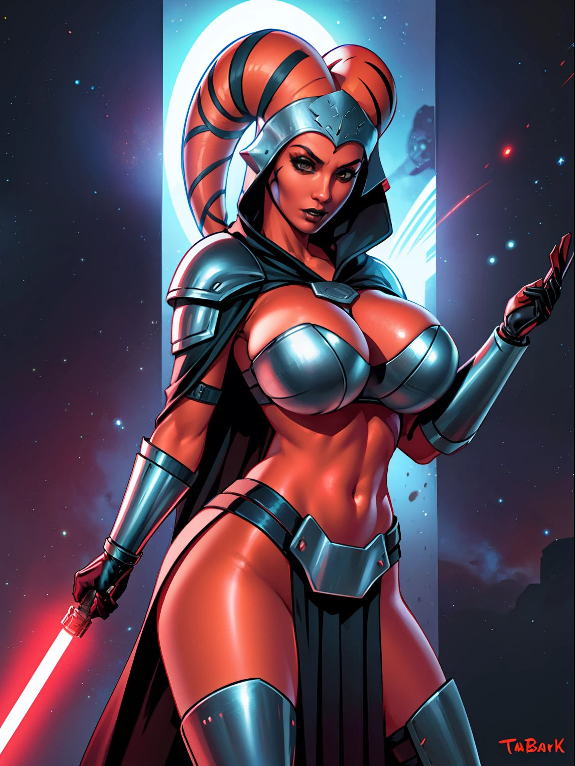 armor, busty, gigantic boobs, ((red skin), twi'lek), dual red lightsabers, evil space knight, space ninja, (wearing black robes, black stealth armor, breastplate, tunic, tabard, cowl, cloak, body glove, straps, buckles, skirts, long sleeves, fantasy, ((armor))), ((busty), slender body, thin, slim sexy body, slim waist, ((gigantic breasts))), Imperial starship, Star Wars,