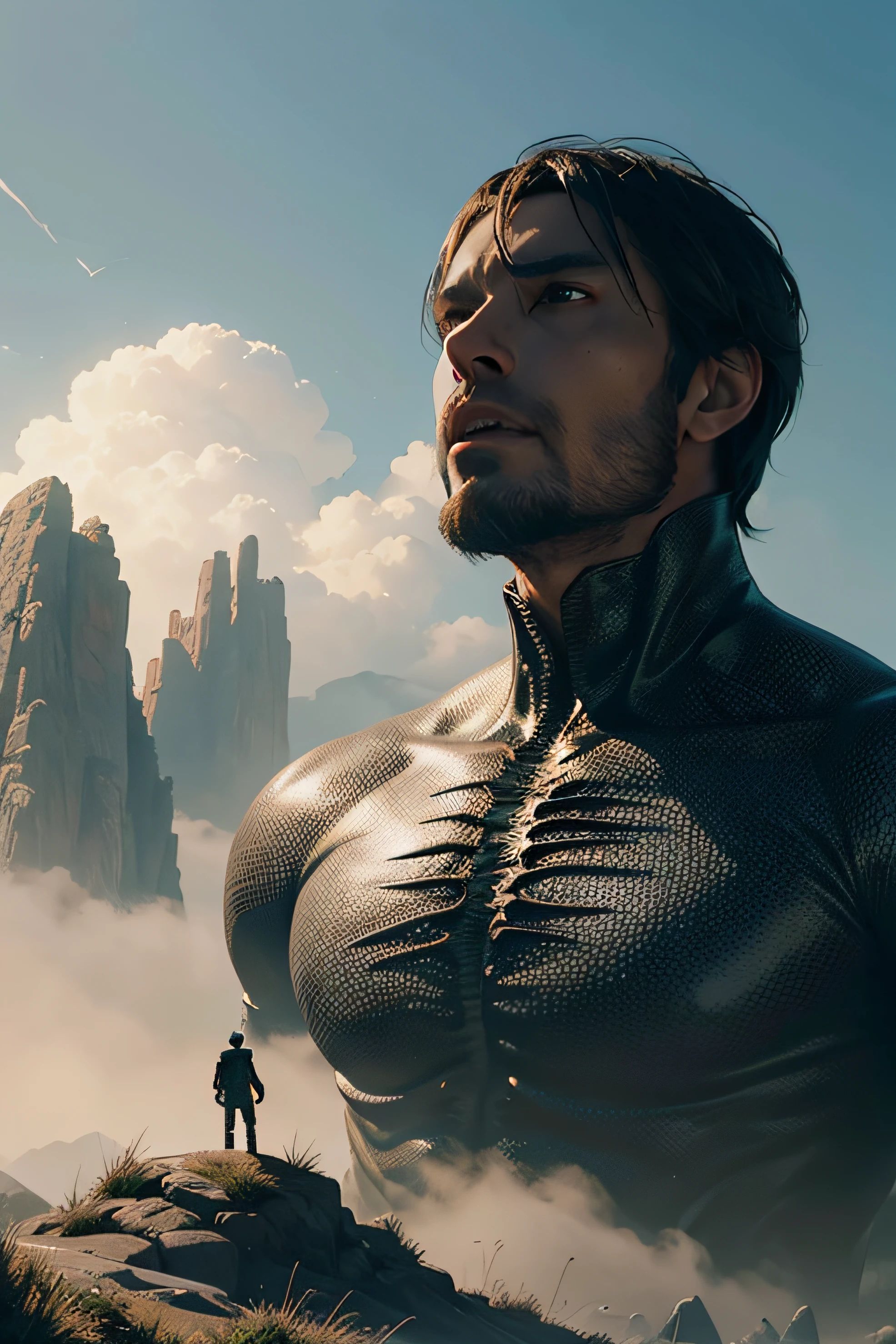 a highly detailed matte painting of a man on a hill watching a giant alien monster, by makoto shinkai, by artgerm, by wlop, by greg rutkowski, volumetric lighting, octane render, 4k resolution, trending on artstation, masterpiece