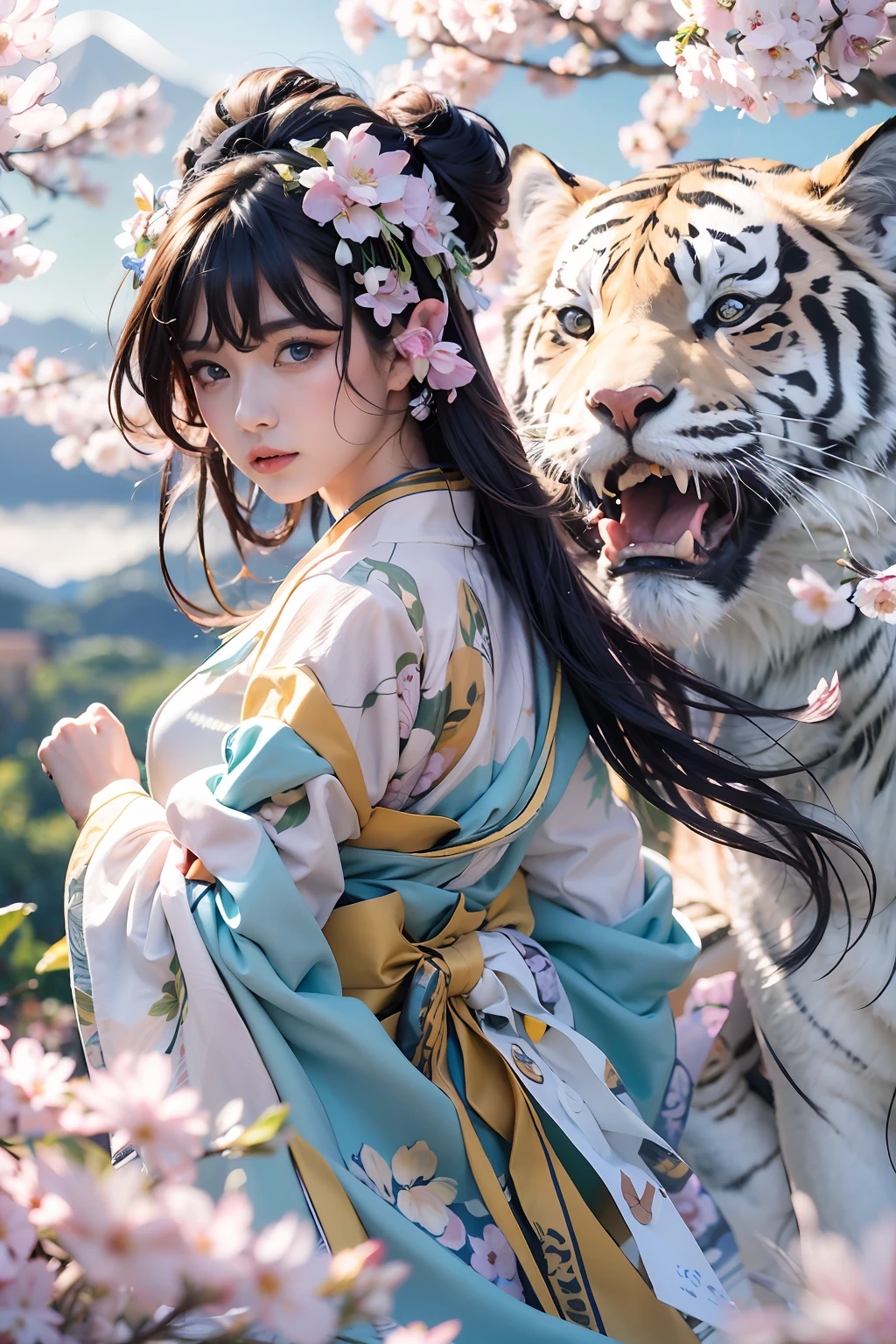 (masterpiece, high resolution, illustration:1.2), mesmerizing woman, (colorful traditional Chinese hanfu:1.1), (graceful floral motifs:1.2), (ebony tresses adorned with delicate flowers:1.3), riding atop two majestic white tigers, (powerful presence:1.2), (rolling green hills:1.1), iconic Mount Fuji majestically dominating the background, (azure skies:1.2), (wispy clouds:1.1), (fields of vibrant pink cherry blossoms:1.2), peaceful expression, harmonious connection, (tigers' piercing blue eyes:1.2), top-down perspective, dreamlike ambiance, a fusion of elegance and natural beauty.