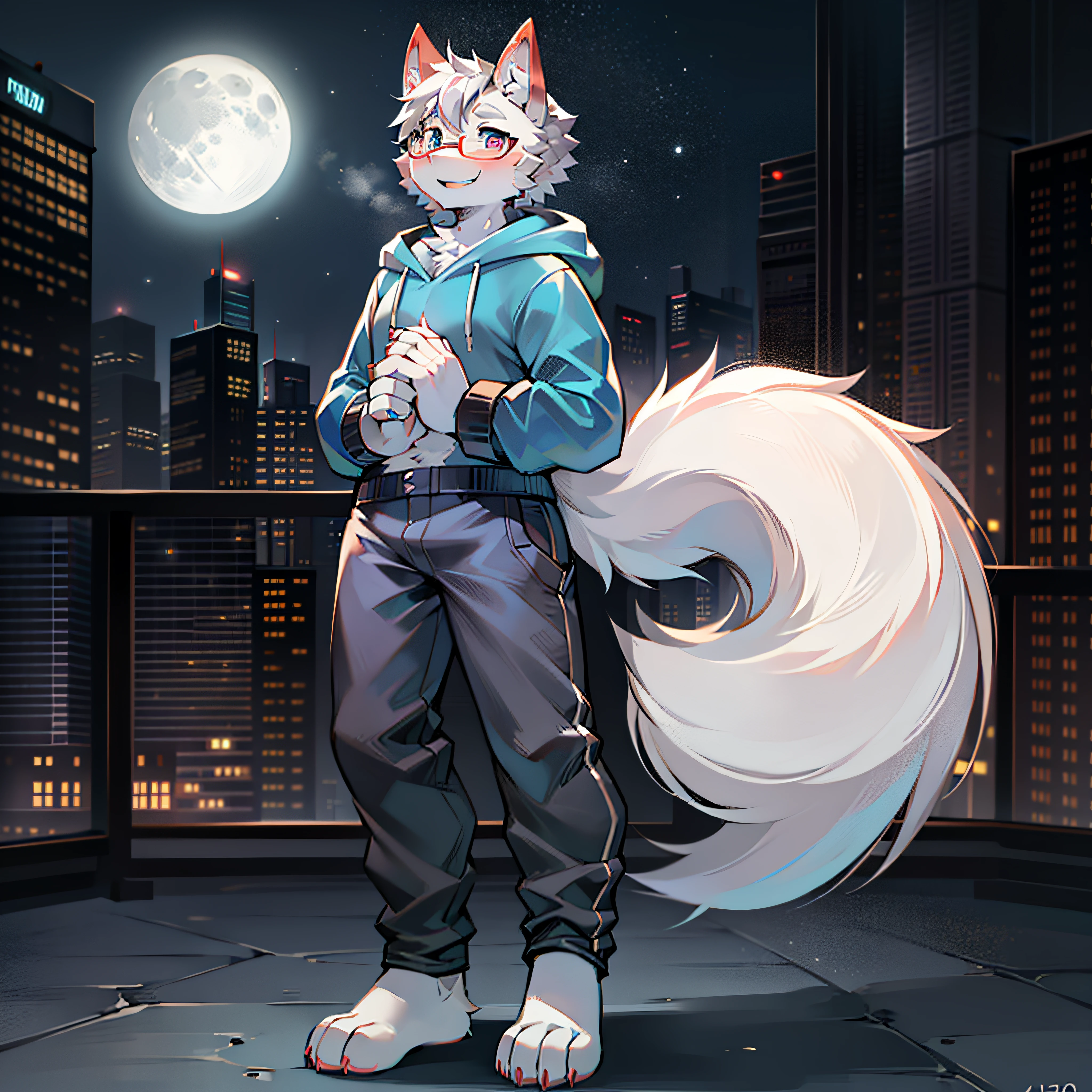High Picture Quality,Modern city penthouse,potted,Night moon background,Single player,Wolf animal human form,No spot,male figure,Full body standing painting,Cute face,short detailed hair,Dark gray fur,Square frame rounded glasses,Wolf ears,Light gray ear roots,Light red ear tips,The right ear has a notch,Deep blue pupils,Hairy wolf tail,Deep gray tail root,White tail tip,Dark gray big arm,White forearm,Hands naturally droop,The limbs are wolf paws,4 white fingers,4 white toes,Look to the left,Happy expression,Height 1.92 meters,Sky blue hoodie,The cuffs roll up to reveal the big arms,Scratches on the left upper arm are exposed,black long pants,stand posture。