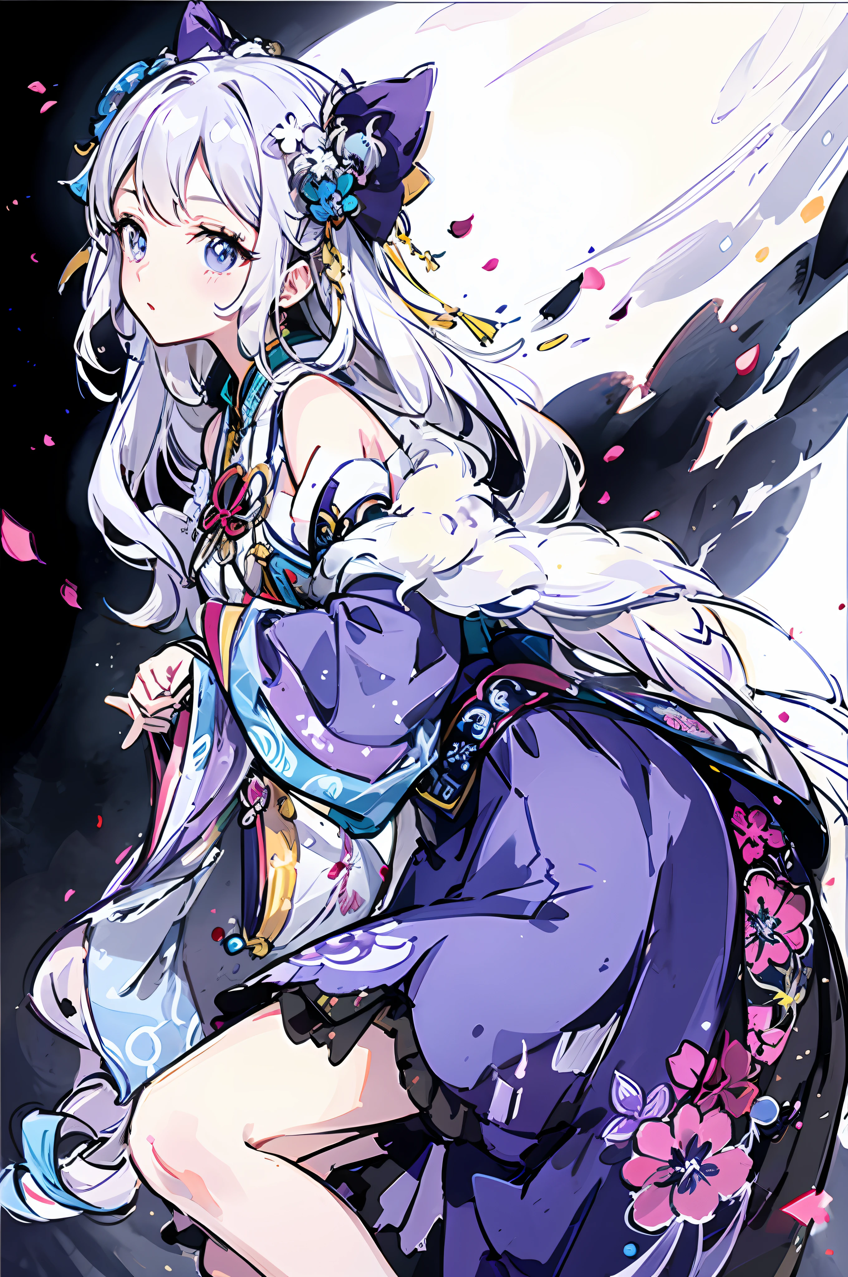 Menina anime com longos cabelos brancos e vestido azul segurando um cavalo roxo, Onmyoji, divindade de cabelos brancos, Retrato de Onmyoji, arte oficial, arte oficial do anime, arte detalhada Onmyoji, deusa anime, arte oficial altamente detalhada, Shikishi, Arte Oficial, anime illustration, Keqing de Genshin Impact, de touhou, Arte oficial do projeto Touhou